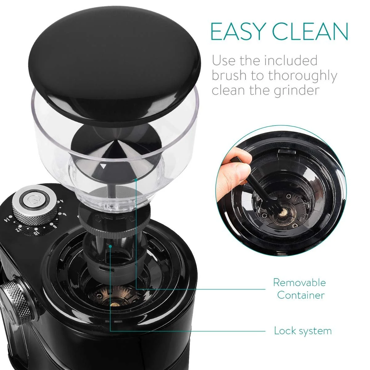 Електрична кавомолка Navaris з дисковою шліфувальною машинкою з нержавіючої сталі 200 Вт до 14 чашок кави 18 рівнів помелу Чорна, фото №3