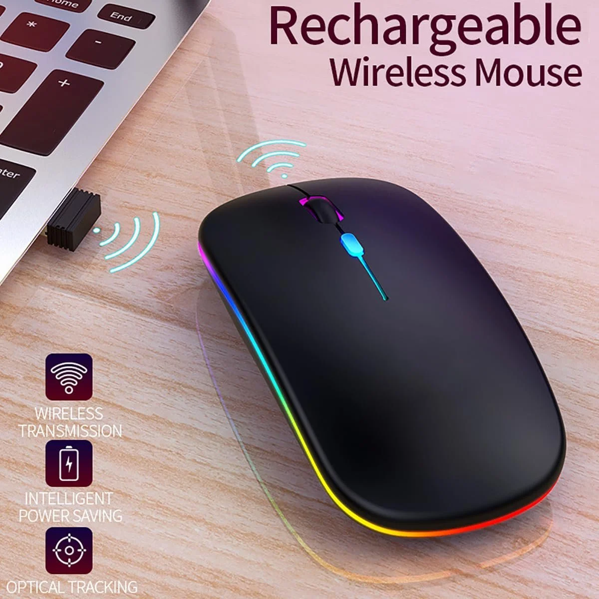 Мышь Беспроводная Bluetooth Перезаряжаемая Эргономичная 3DPI 2.4G с USB Приемником 7 Цветной Подсветкой, фото №3