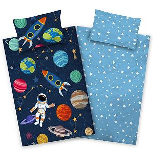 Дитяча Постільна Білизна Aminata kids Космос 100 x 135 см, 40 x 60 см, малюнок Космос, бавовна, синій - Фото 1