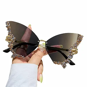 Солнцезащитные Очки Yjcnelcr Блестящие Бабочка Стразы Женские Без ободка Для Маленького Лица - Фото 1