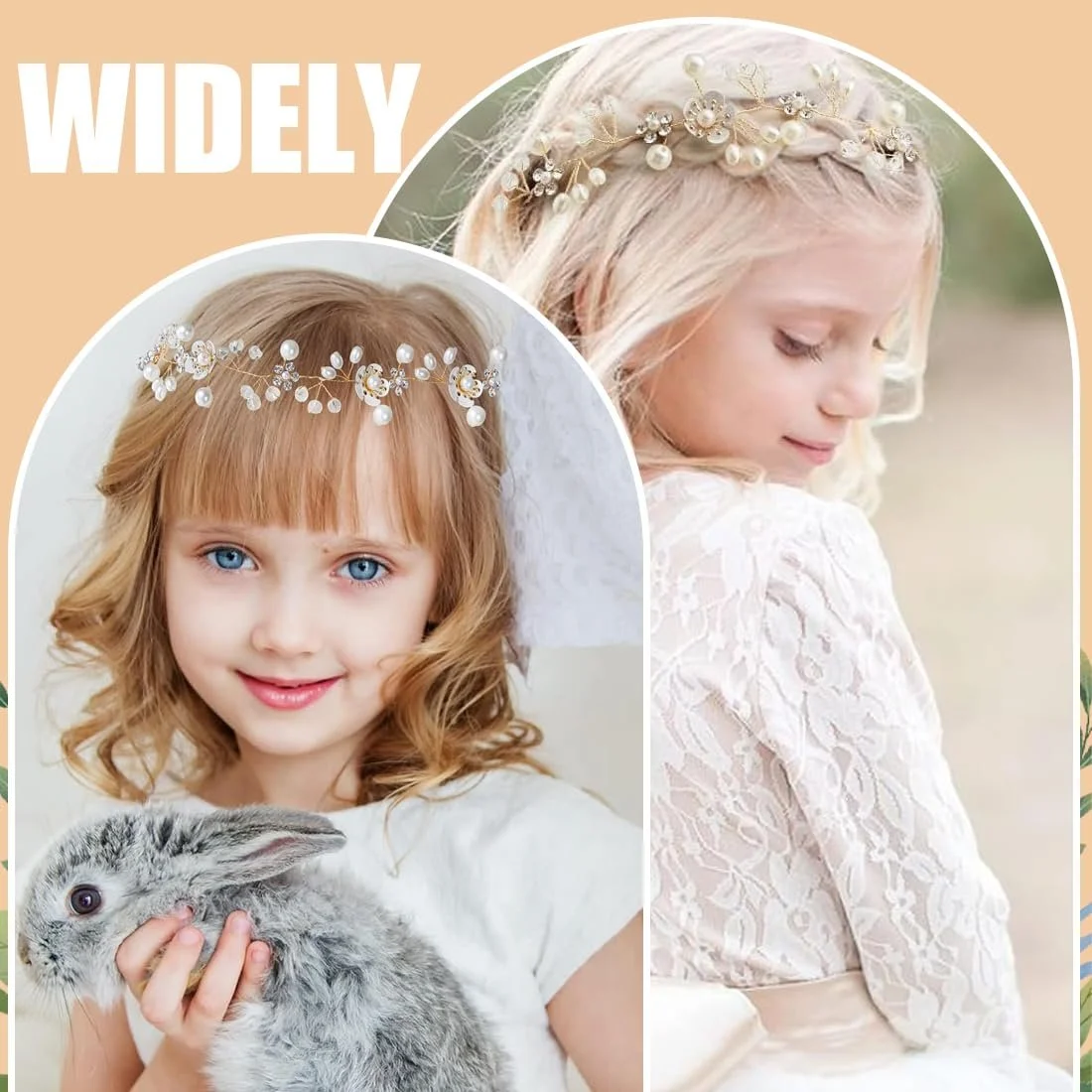 Вінок для волосся жіночий, весільний, золотий, з перлинами, стразами, квітами та стрічкою, фото №4