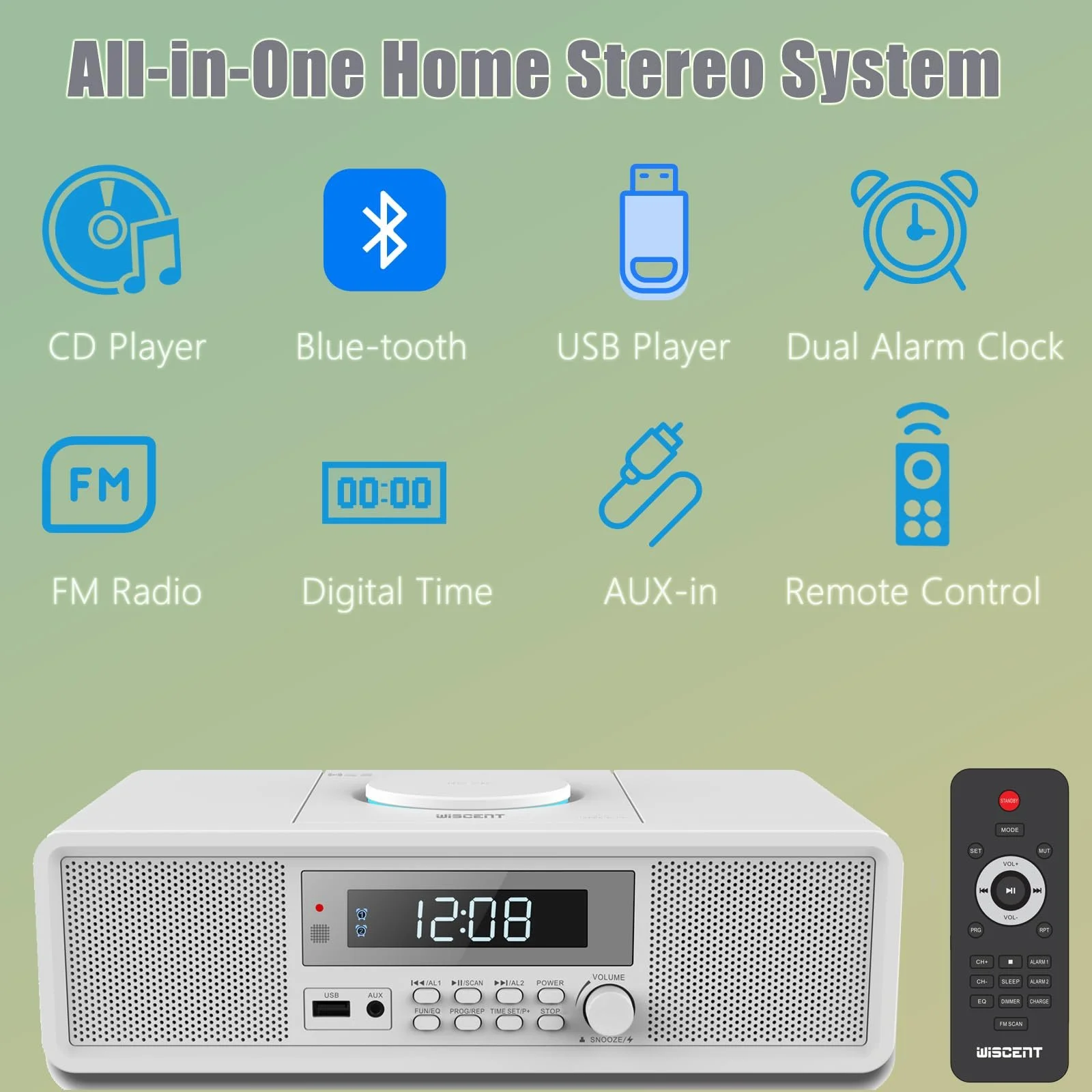 Компактное радио с CD-плеером, FM-радио, с Bluetooth, USB, MP3, AUX, цифровой двойной будильник, воспроизведение CD-R/CD-RW/MP3/WMA, фото №2