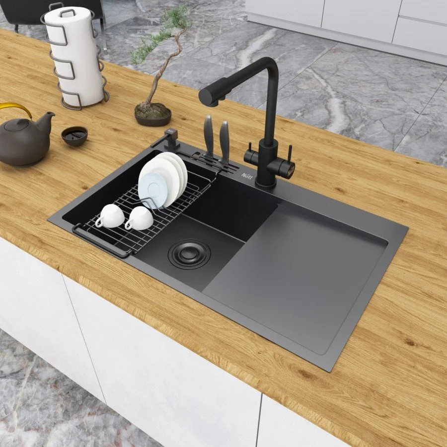 Чорна раковина на кухню з правим крилом Nett NB-7848(R), фото №1 Чорна раковина на кухню з правим крилом Nett NB-7848(R), фото №1