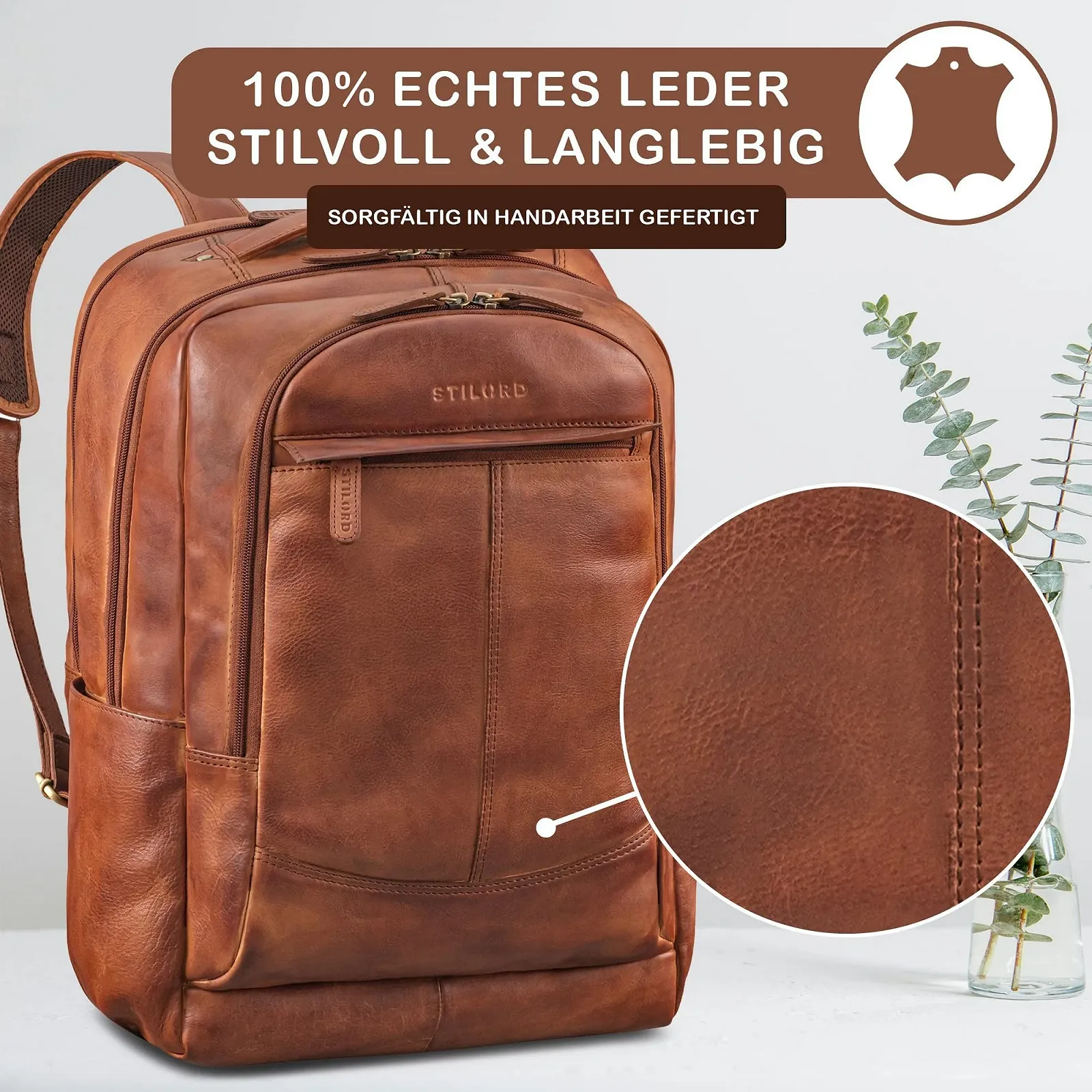 Бізнес-рюкзак STILORD Maxim Premium XL шкіряний 17-19 дюймів Black, Brandy - Cognac, фото №5