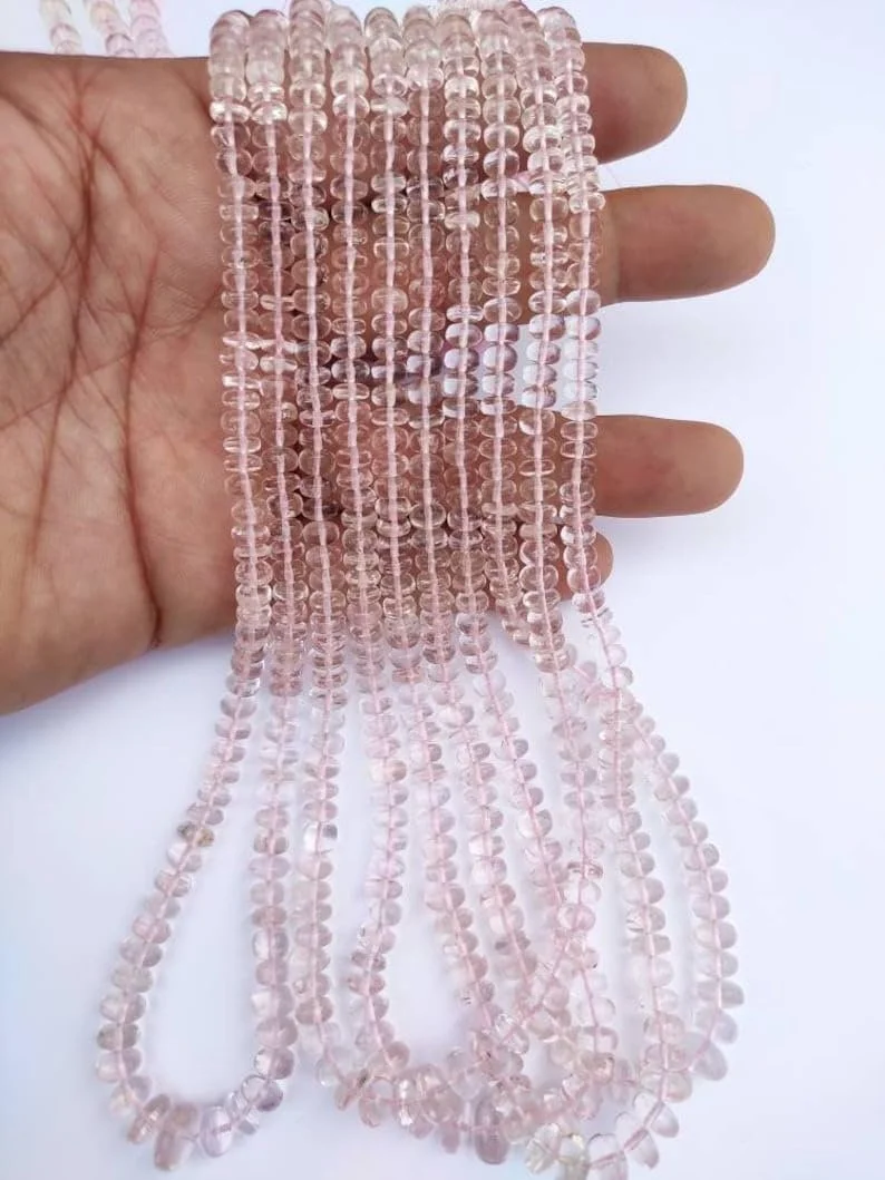 Бусины круглые гладкие из натурального морганита 4-6 мм, длина нити 40 см, розовый цвет, фото №1