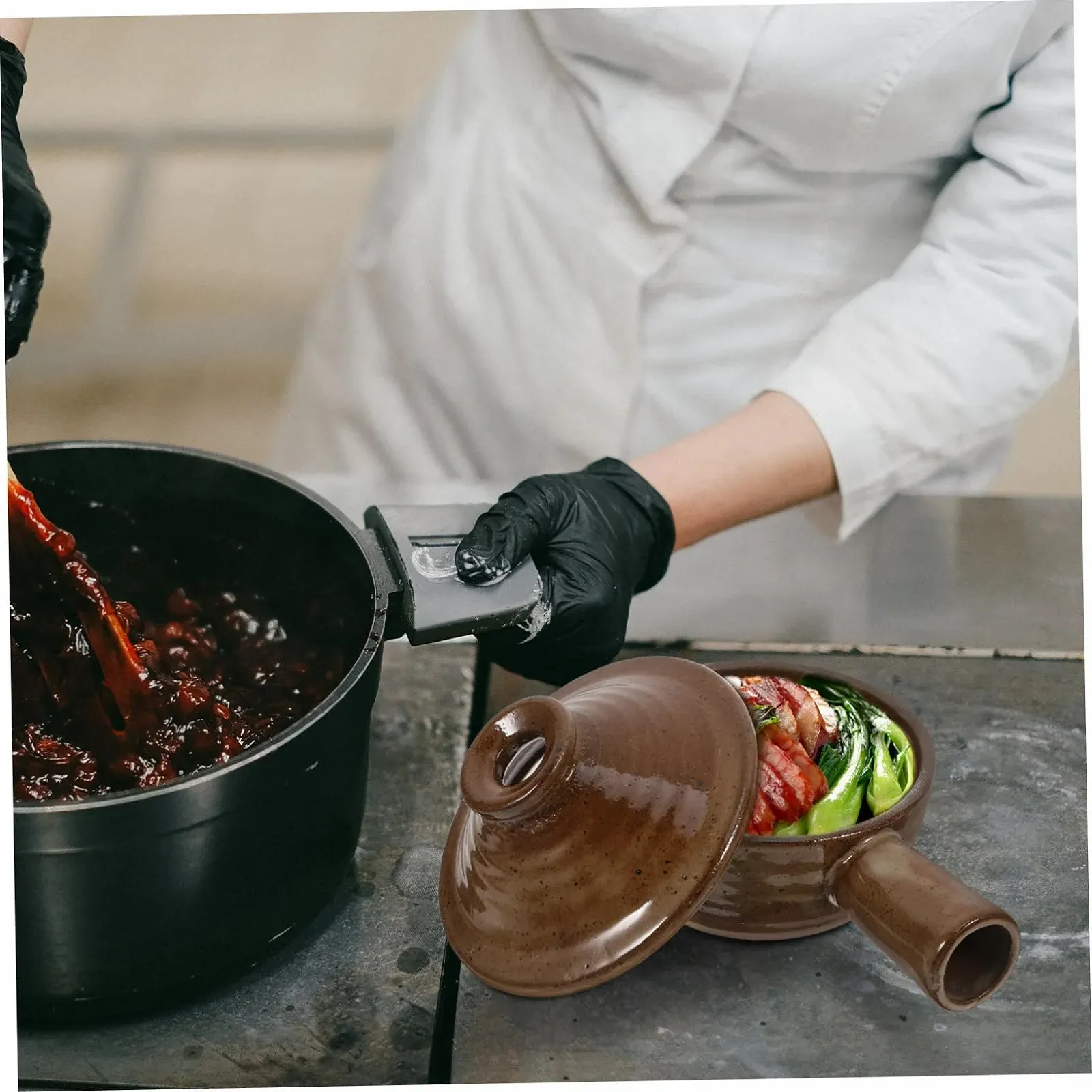 Горшок для тушения керамический с крышкой и ручкой термостойкий, фото №6