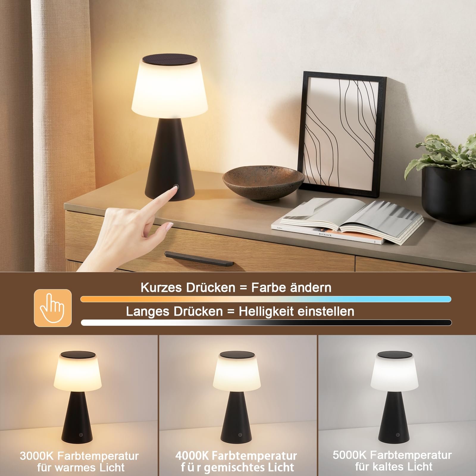 Настільна лампа LED Сонячна Бездротова USB-C Сенсорна Діммована 3000 K - 5000 K 3600 мАг Акумуляторна (Чорна), фото №5