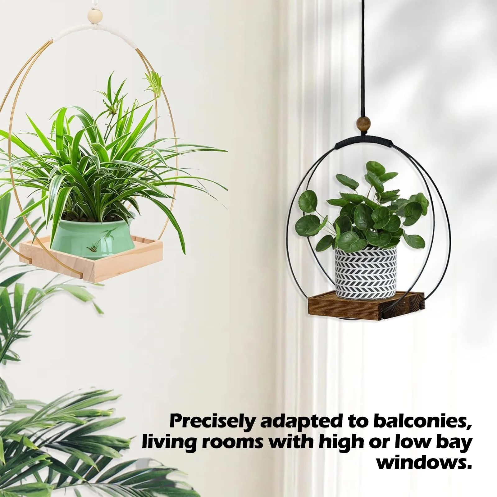 Подвесная корзина для растений с деревянным основанием 5 дюймов металлическая 2 шт., фото №4