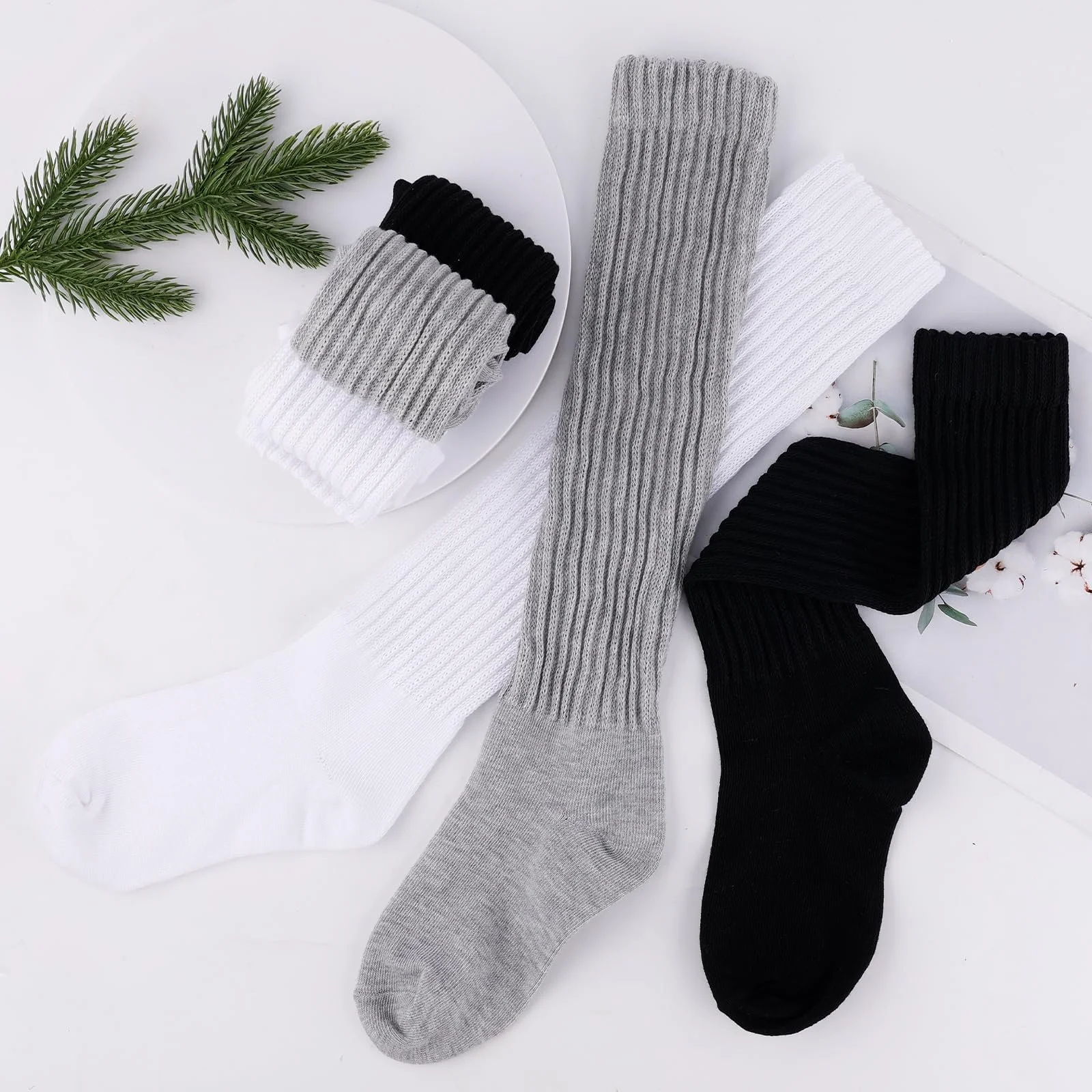 Комплект женских высоких носков, 3 пары, вязаные носки выше колена, широкие носки, гольфы, высокие носки для осени и зимы (3 цвета), черно-белые, фото №3