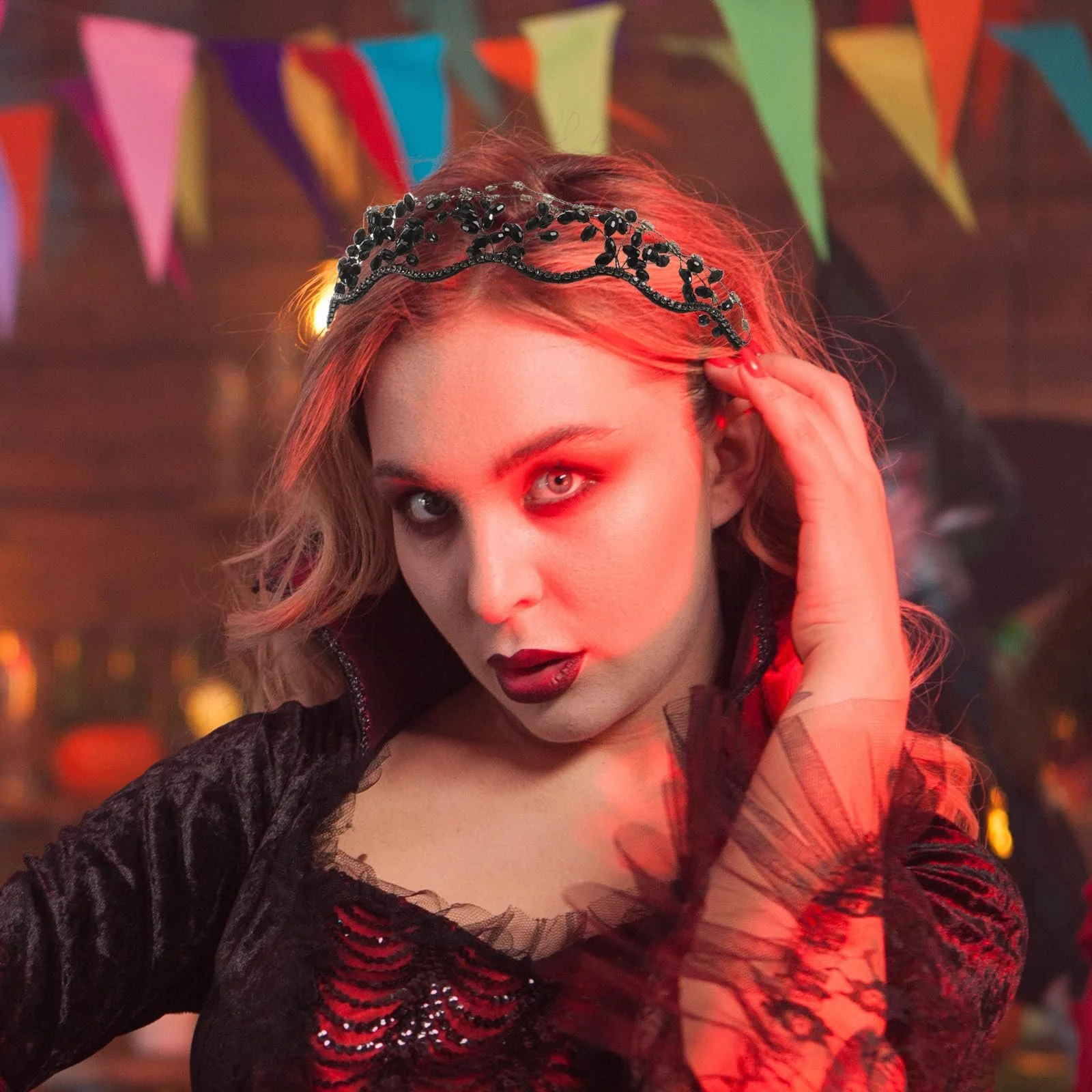 Обруч Lurrose Чорний з кристалами, перлами, фото №9