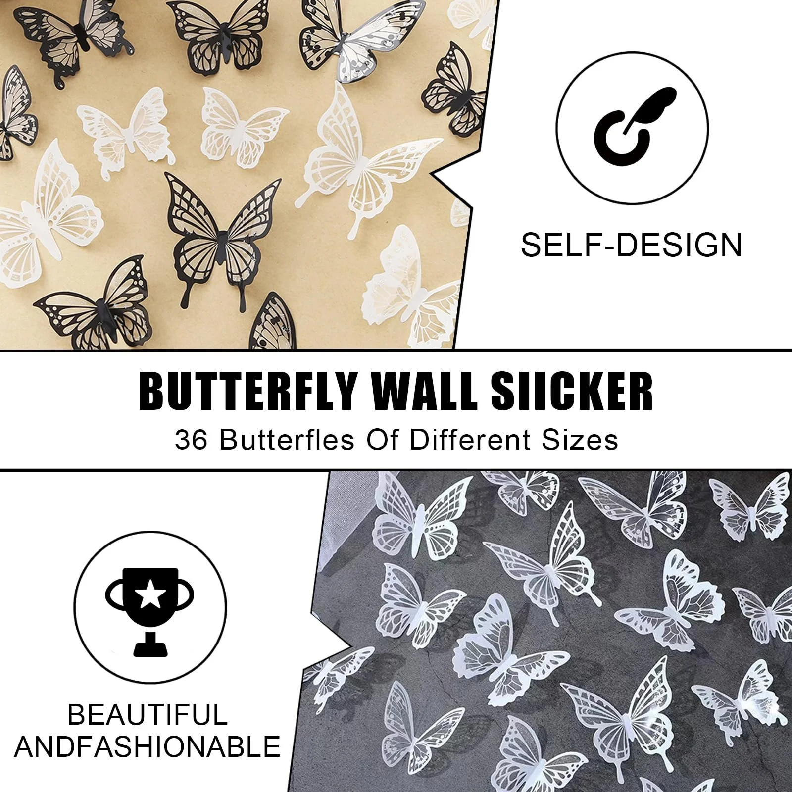 Набір наклейок на стіну 3D Метелики 36 штук Чорний та білий, фото №4