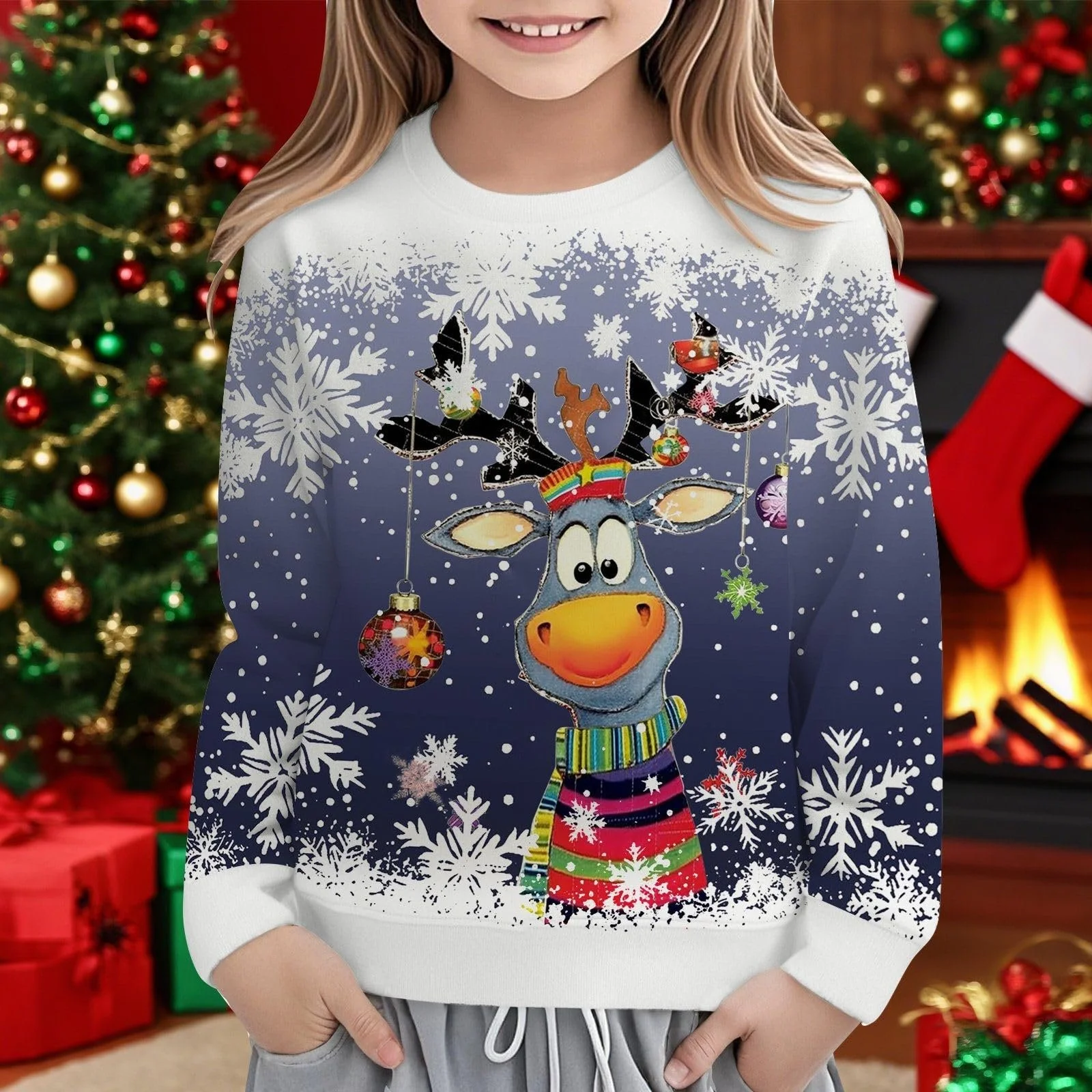 Джемпер Рождественский для мальчиков и девочек, праздничный свитшот с принтом оленей, длинный рукав, круглый вырез, праздничный уютный пуловер, фото №3