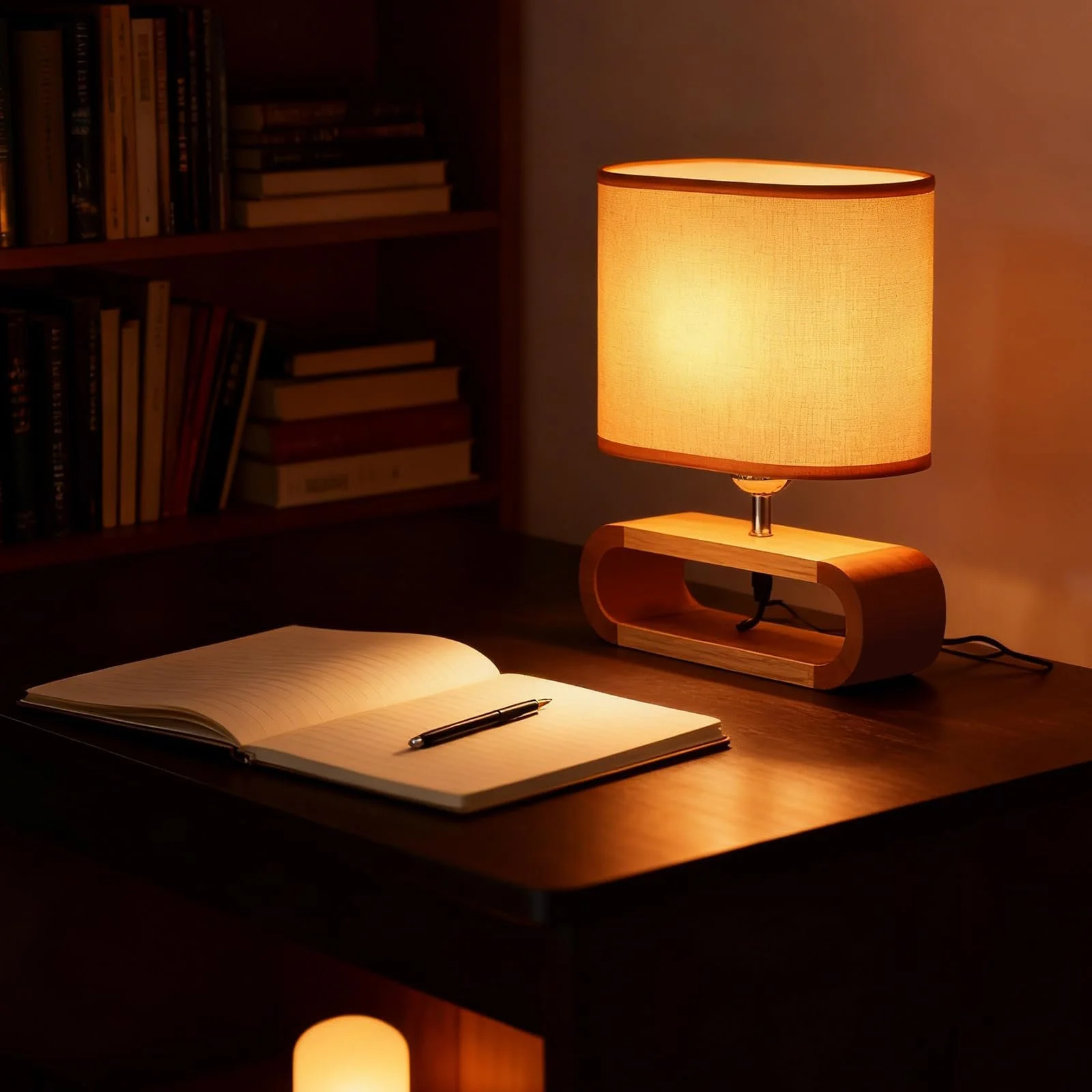 Настільна лампа LED дерев'яна основа лляний абажур 3 режими E27, фото №5