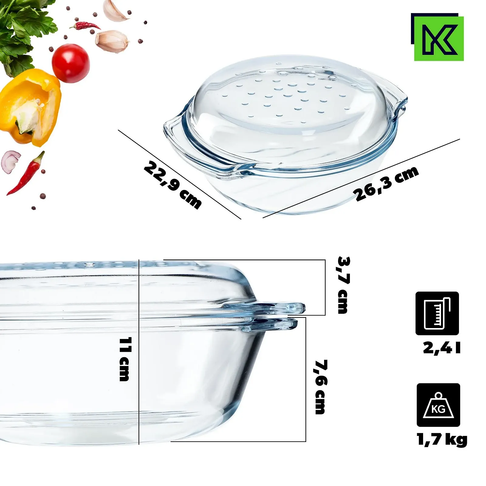 Скляна жаровня KADAX Acri з кришкою, прямокутна 5.8 л, фото №2