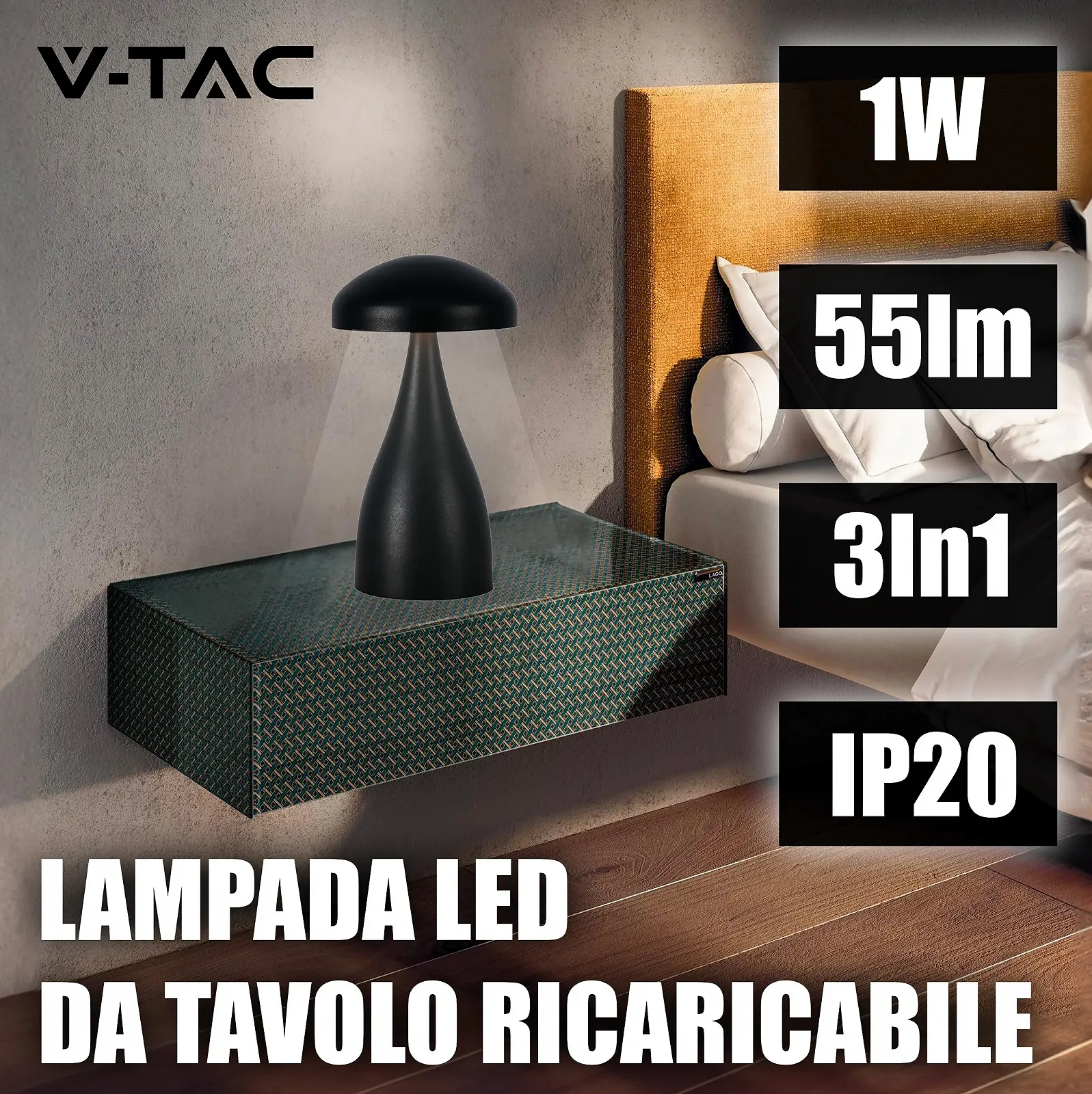 Настільна лампа V-TAC Акумуляторна IP20 1 Вт 55 Лм 3-в-1 Чорна, фото №3