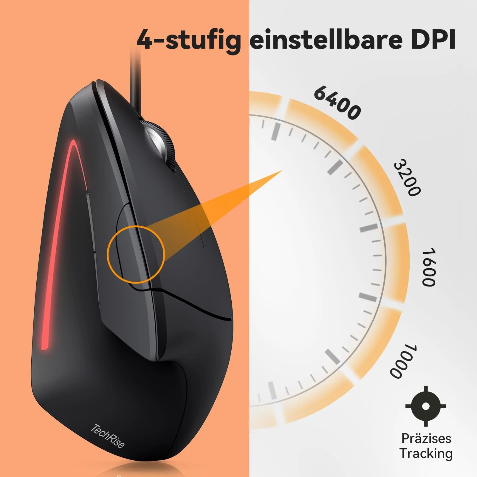 Мышь TechRise вертикальная эргономичная, 6400 DPI, 6 кнопок, оптическая, с кабелем, фото №2