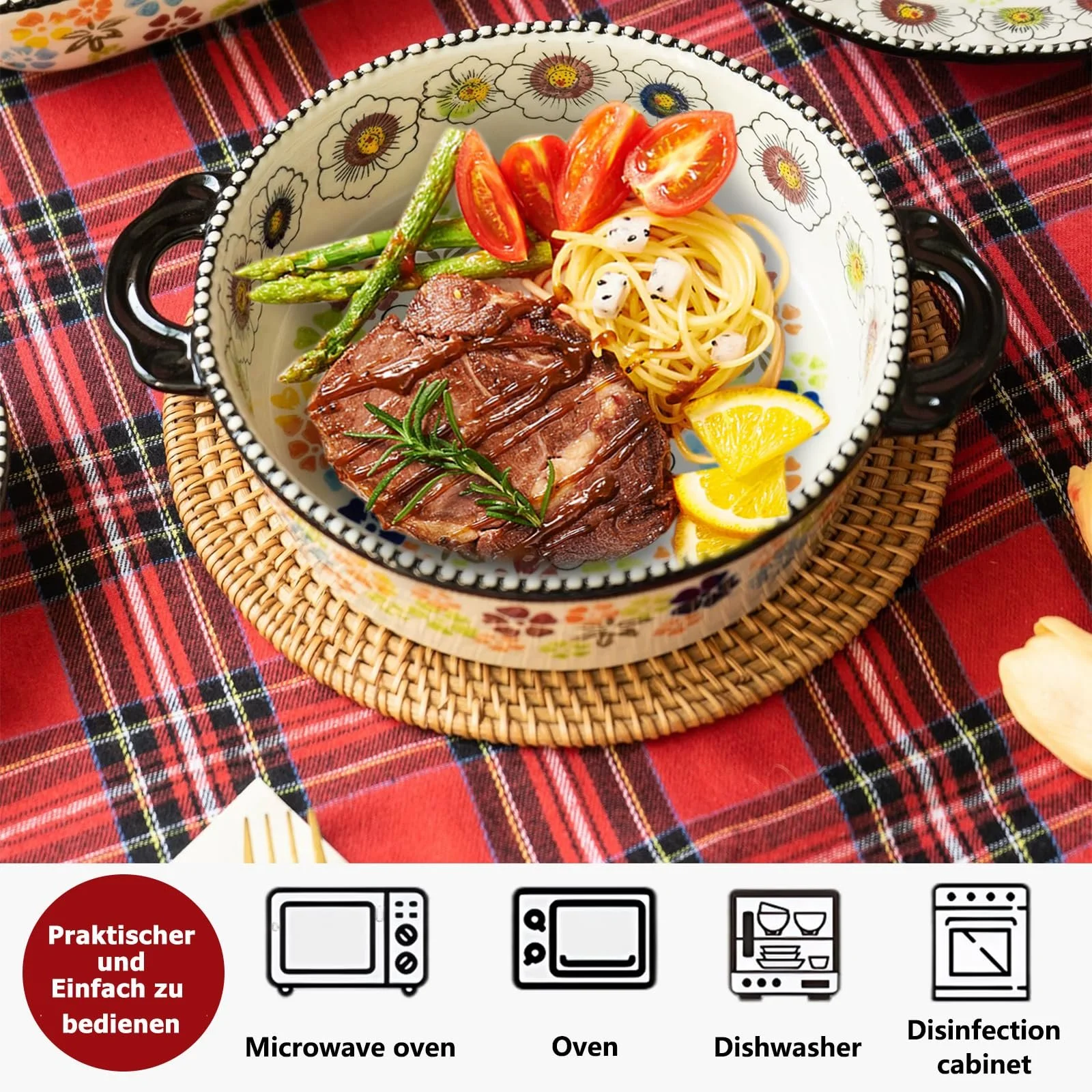 Форма для запекания керамическая круглая 880 мл 24 x 24 x 6 см цветная с ручкой, фото №5