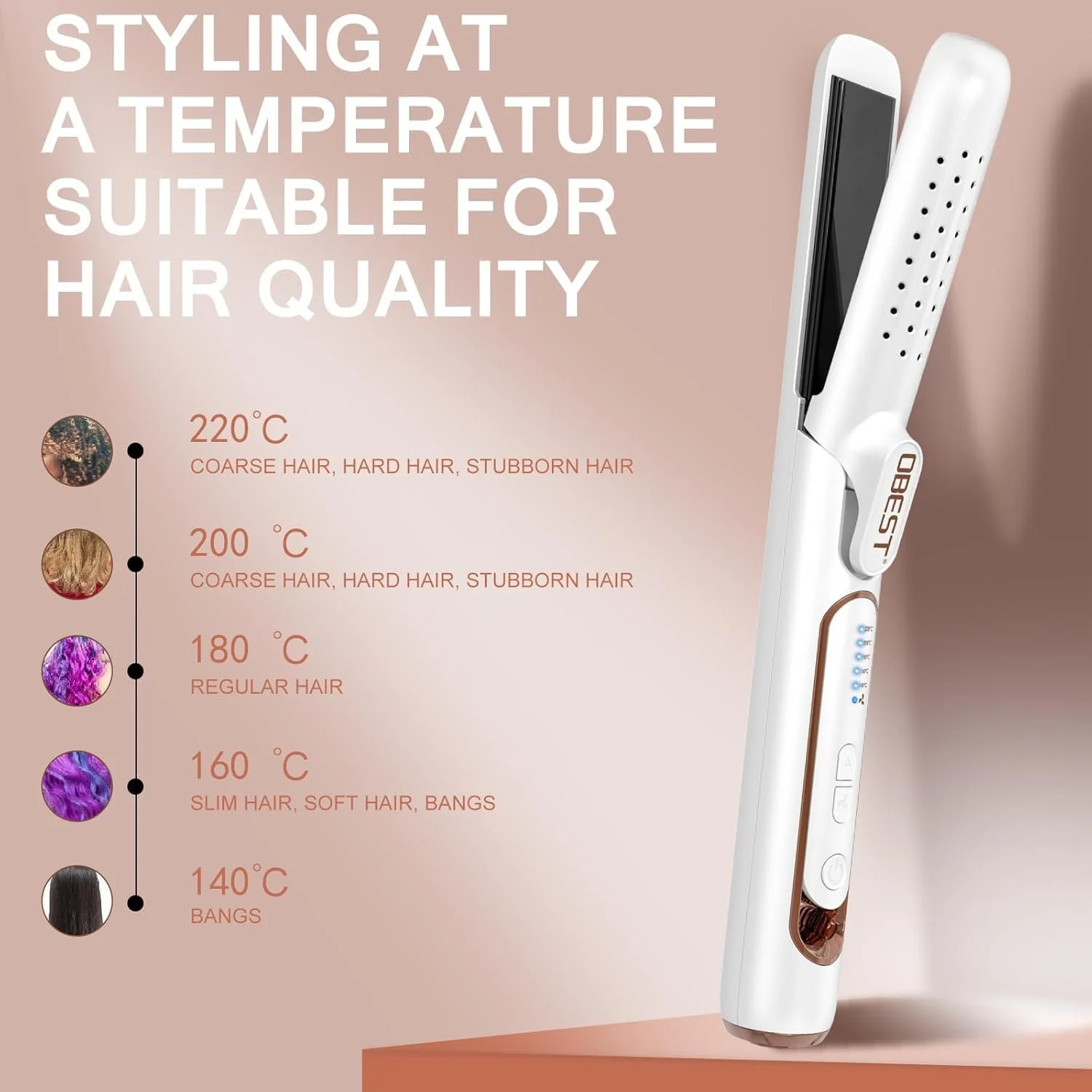Випрямляч та плойка 2 в 1 OBEST Airflow 30 с 5 рівнів температури (140°C - 220°C) White, фото №6