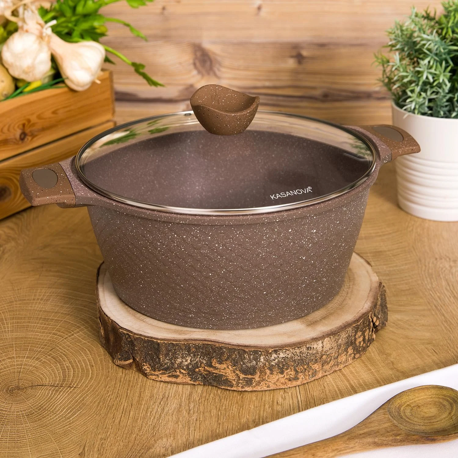 Каструля для запікання KASANOVA 28 см антипригарна з коричневою кришкою, фото №2