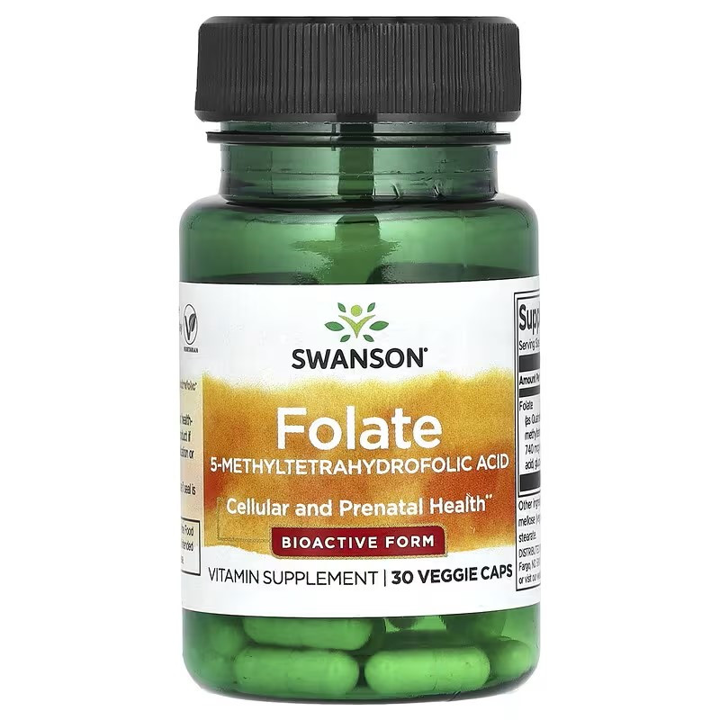 Фолиевая кислота Swanson Folate 5-Methyltetrahydrofolic Acid 680 mcg 30 вегетарианских капсул, фото №1