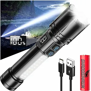 Фонарь Shadowhawk LED Перезаряжаемый с LCD Дисплеем & COB Боковым Светом, 7 Режимов XHM90.2 500,000 Люмен LED, Экстремально Яркий, Портативный Тактический Фонарь, Мощный Фонарик для Кемпинга на Открытом Воздухе - Фото 1