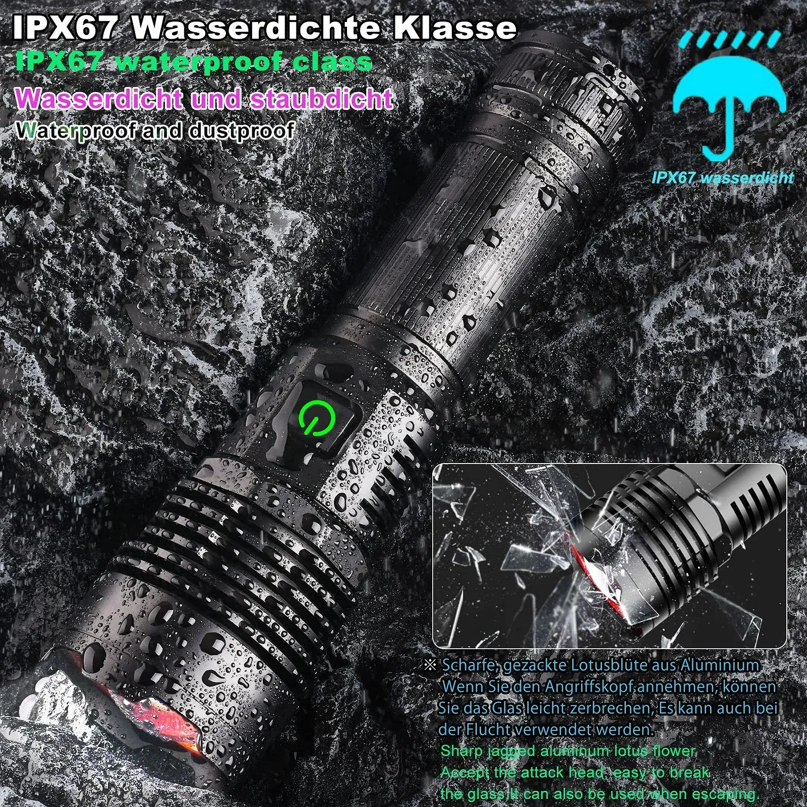 LED Фонарь ASORT Аккумуляторный Чрезвычайно Яркий 500 000 Люмен, Zoomable, USB, Длительное Время Работы, 6 Режимов Освещения, IPX67 Водонепроницаемый, для Кемпинга, Пешего Туризма, Отдыха на Открытом Воздухе, Чрезвычайных Ситуаций, фото №7