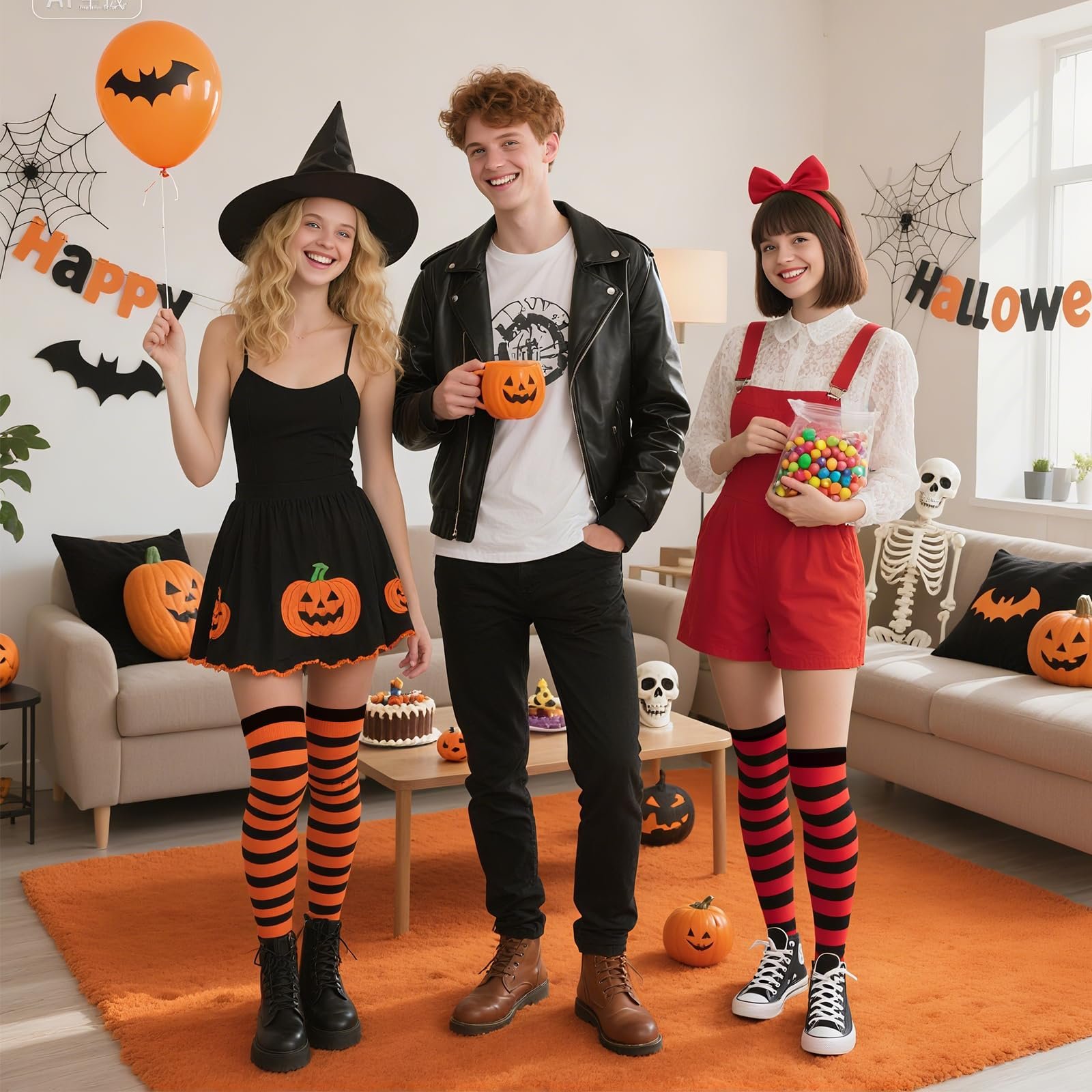 4 пары женских полосатых чулок выше колена, полосатые высокие носки для девочек, карнавальная тематическая вечеринка, костюм для вечеринки на Хэллоуин, фото №7