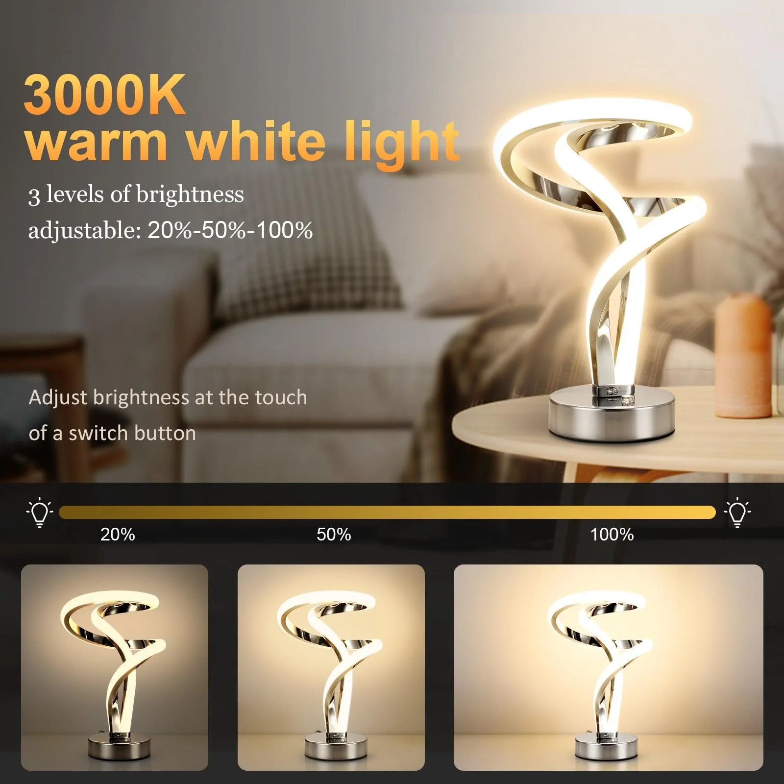 Настільна лампа Lightess LED Bedside Lamp Touch Dimmable 10 W RGB Spiral Modern Срібляста, фото №3