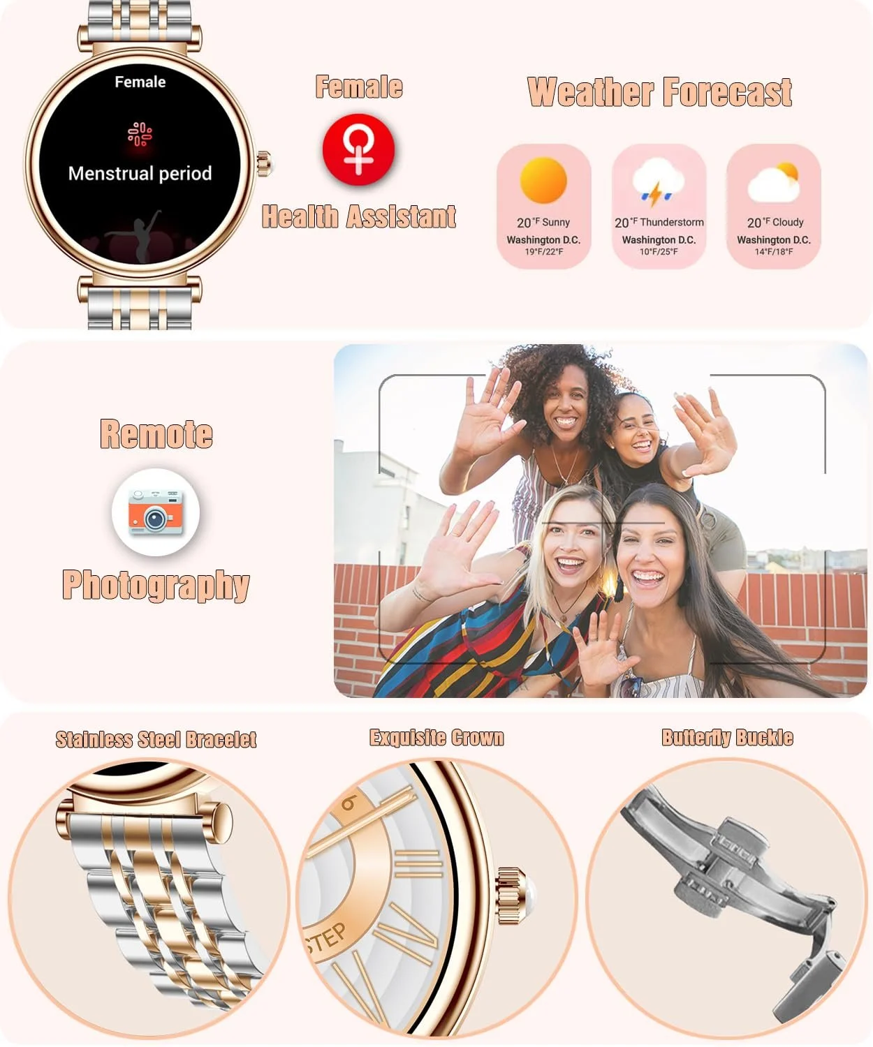 Смарт-часы женские RollsTimi 1.27-дюймовый цветной экран, монитор сердечного ритма и сна, водонепроницаемый, для фитнеса, золотой (двухцветный), фото №6