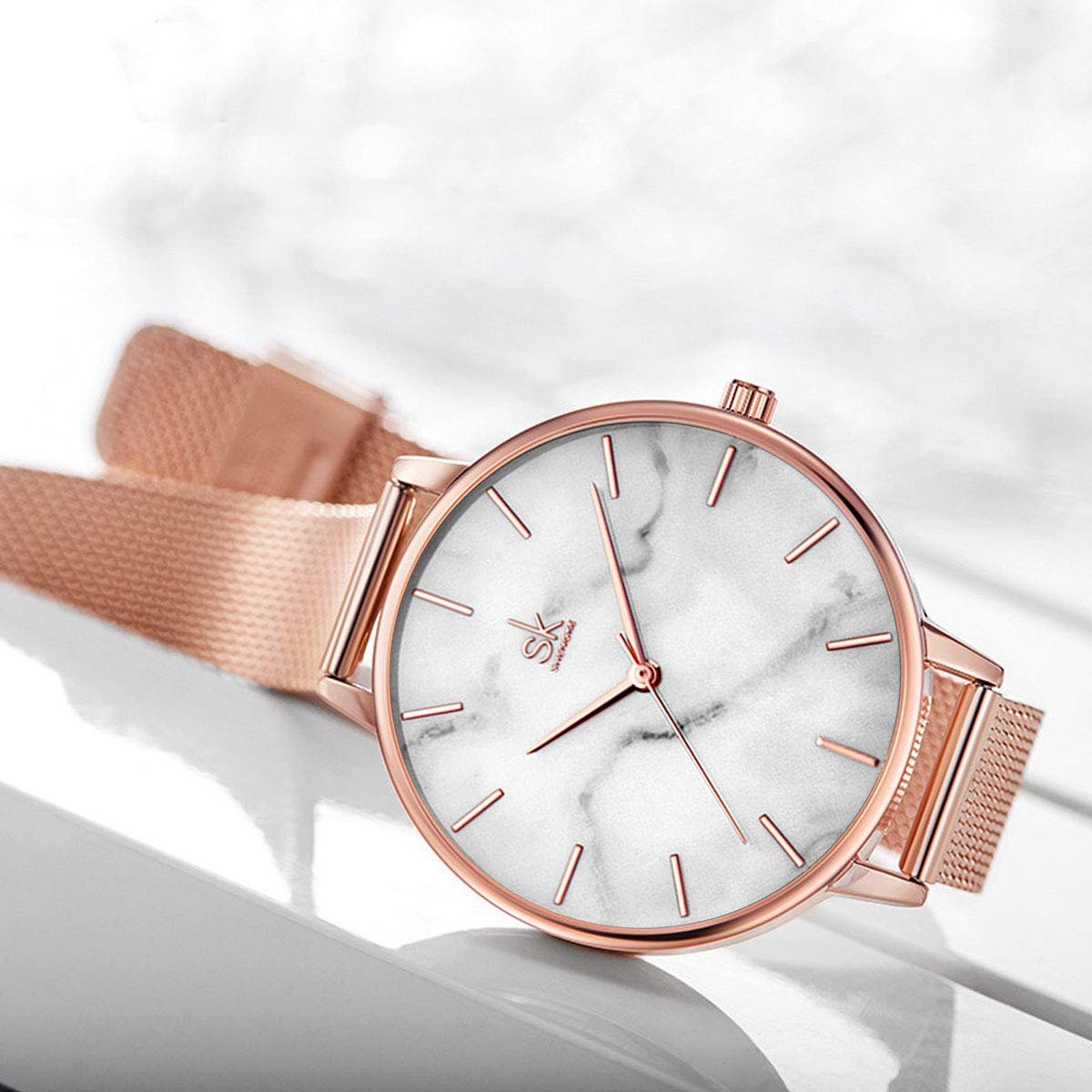 Жіночий Годинник Alienwork Rose Gold Браслет з металевої сітки, нержавіюча сталь, білий, ультратонкий, рожеве золото / білий, рожеве золото / сітчастий браслет, рожеве золото, Браслет, фото №3