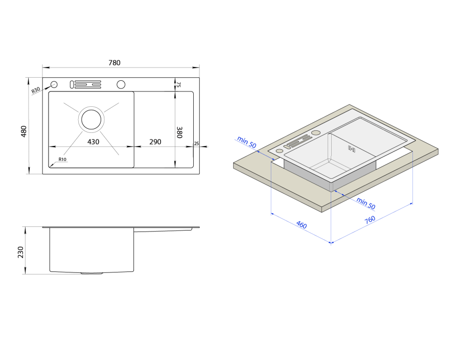 Чорна кухонна мийка з правим крилом нержавійка 1.5 мм Nett NB-7848(R), фото №4