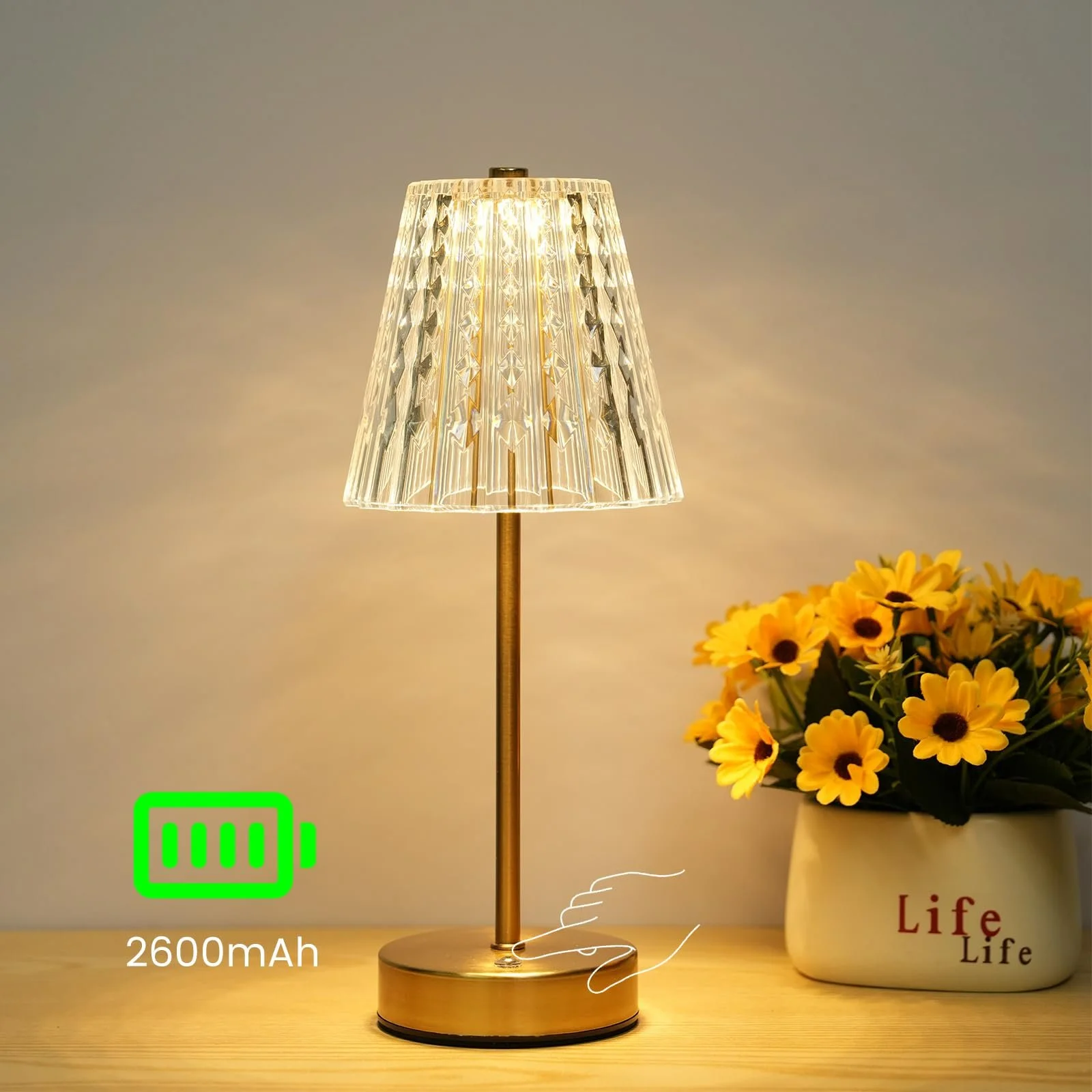 Настільна лампа Lixada Crystal Бездротова Вінтажна 3 кольори LED Сенсорна Акумуляторна Золота, фото №5