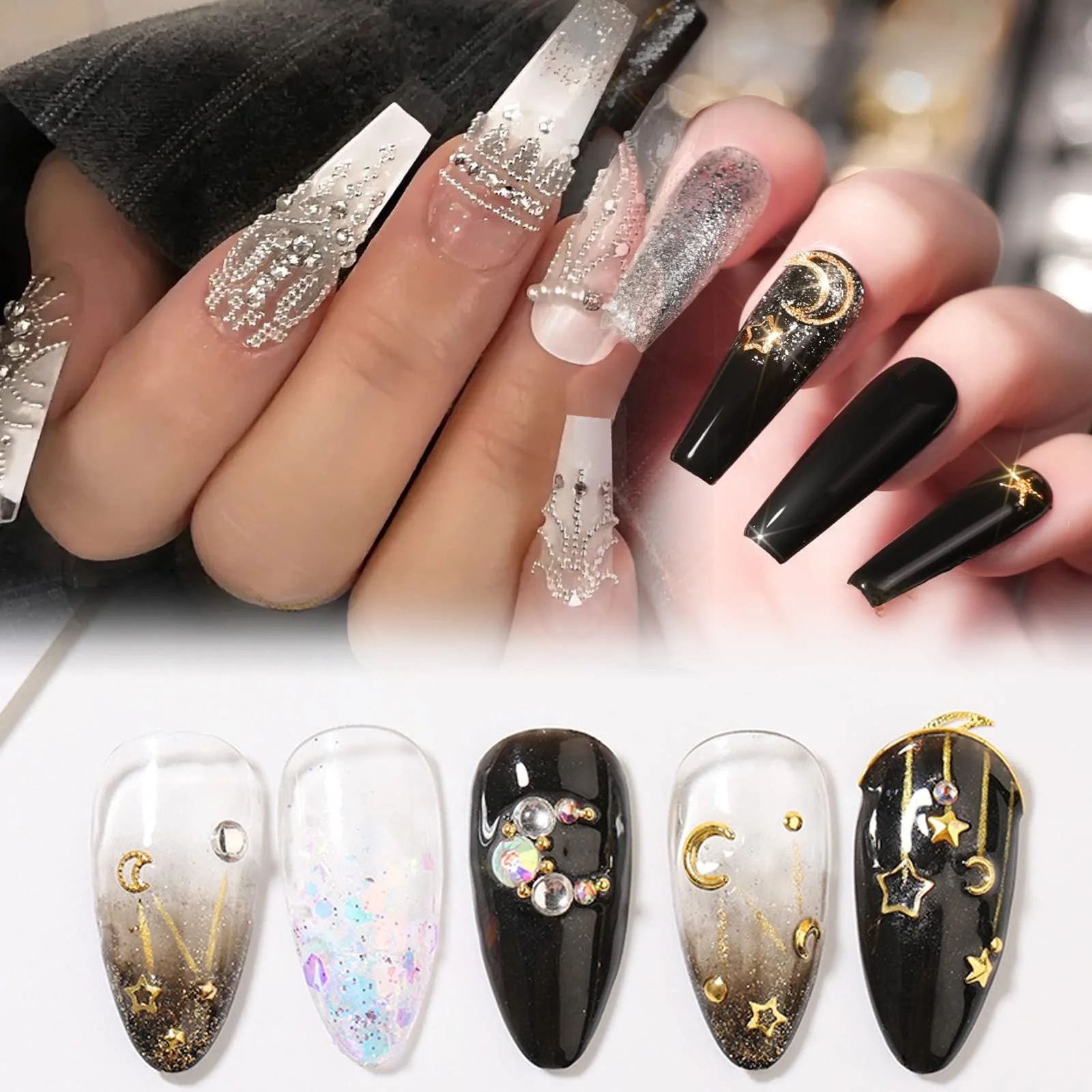 Набор страз для ногтей 1400 шт., Золотые блестящие камни для ногтей, Хрустальные камни для ногтей, Подвески для ногтей в форме звезд и луны, для DIY ногтей, с пинцетом и ручкой для сверления, фото №7