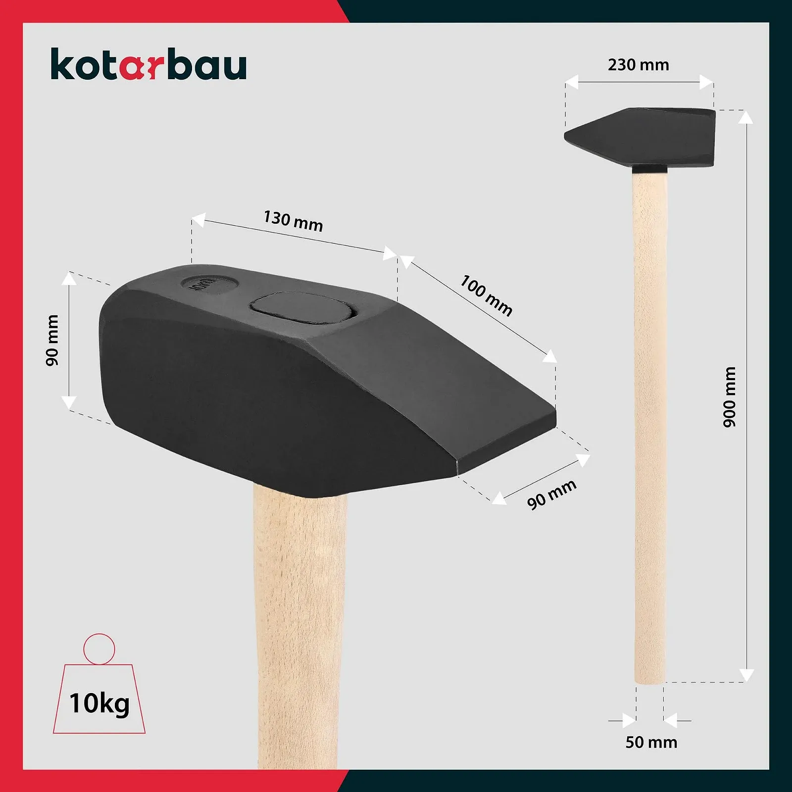Кувалда KOTARBAU 10 кг с деревянной ручкой 90 см, фото №4