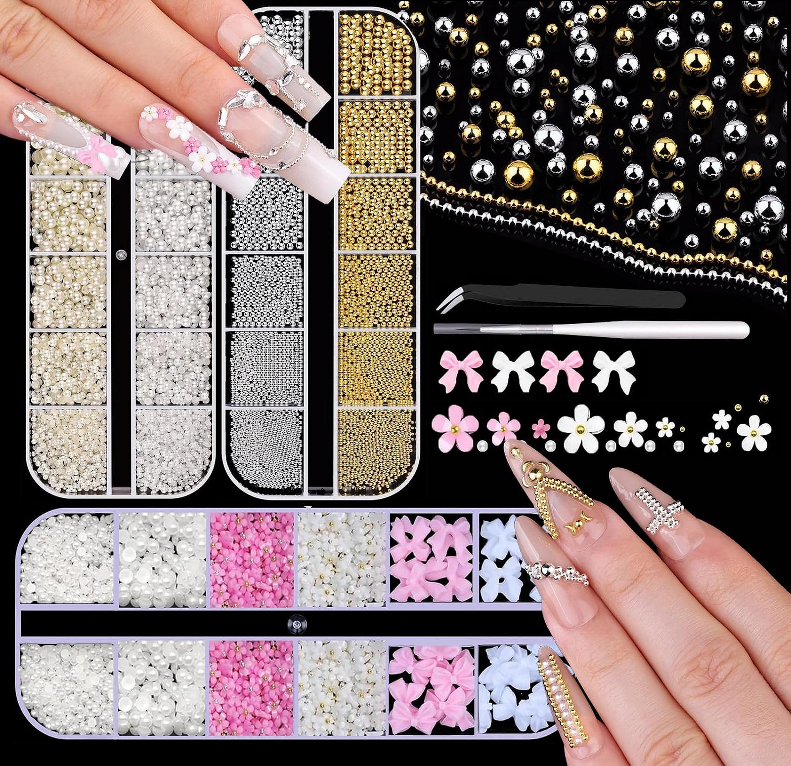 Бисера для дизайна ногтей 3 коробки, Микро икра для ногтей 0,3-3 мм Золотая Серебряная Мини икра Стразы, Белый Бежевый Мини бисер для ногтей Микро бисер Декор для ногтей, фото №1