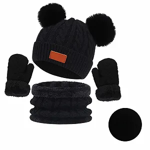 Зимняя шапка детская с шарфом Generisch с помпоном для мальчиков и девочек, шапка-бини с защитой ушей, теплая с искусственным мехом для малышей synthetic.ua - Фото 1