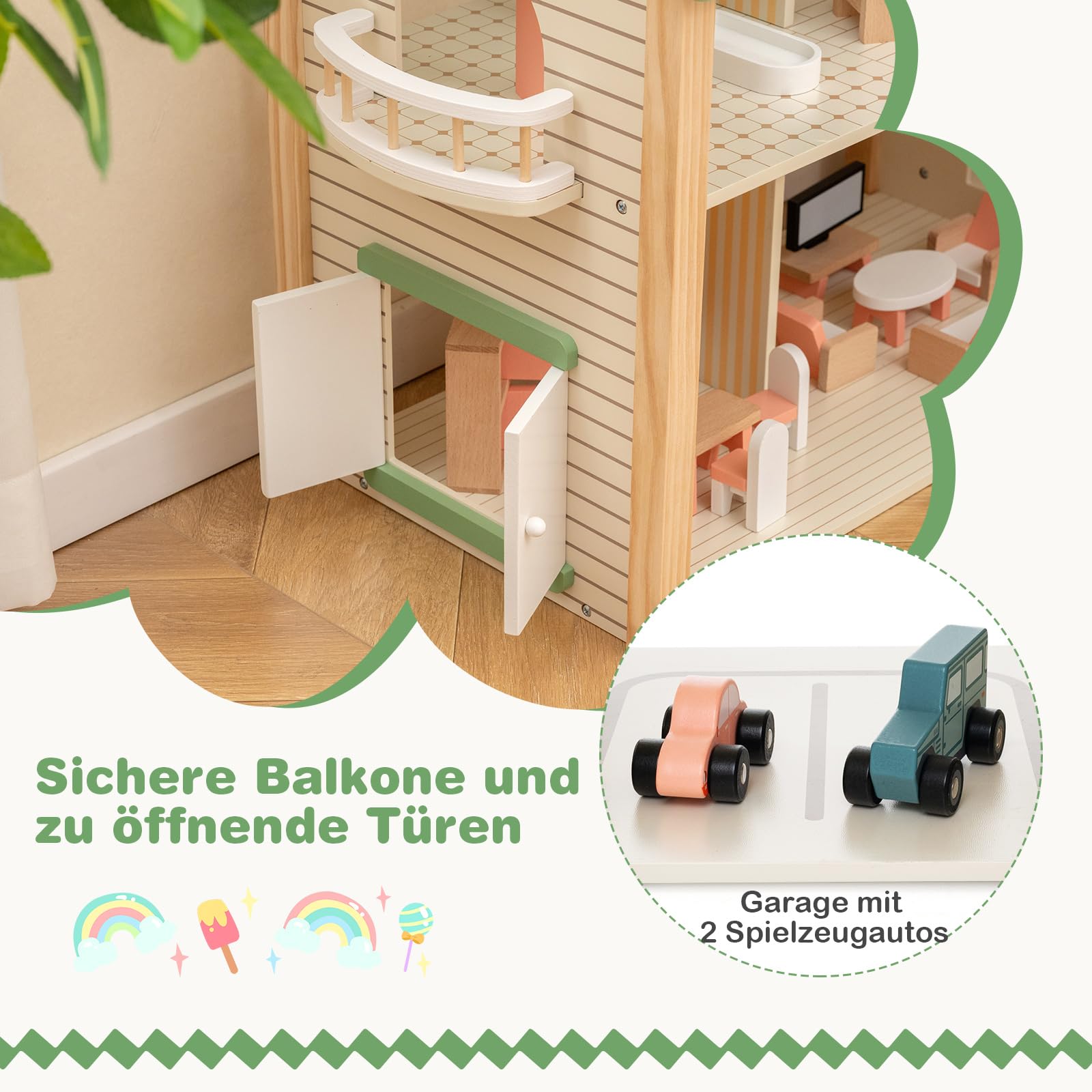 Дерев'яний будиночок для ляльок DREAMADE 3 рівні, 7 кімнат, 36/42 меблі Зелений, фото №5