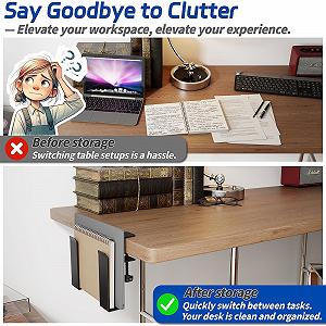 Регулируемая Подставка для Ноутбука с Зажимом для Столов - Без Сверления - Вертикальное Крепление из Нержавеющей Стали сбоку Стола для Ноутбуков, Планшетов, Клавиатур - Полочка для Устройств до 38 мм synthetic.ua - Фото 1