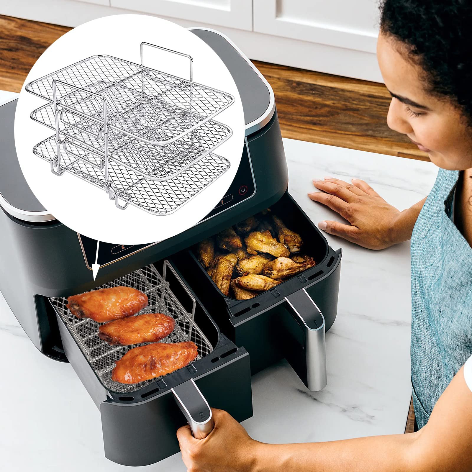 Решетка для фритюрницы Swsdee Three-Layer Stacking Design трехуровневая нержавеющая сталь для Ninja Dual Zone Air Fryer, фото №6 Решетка для фритюрницы Swsdee Three-Layer Stacking Design трехуровневая нержавеющая сталь для Ninja Dual Zone Air Fryer, фото №6