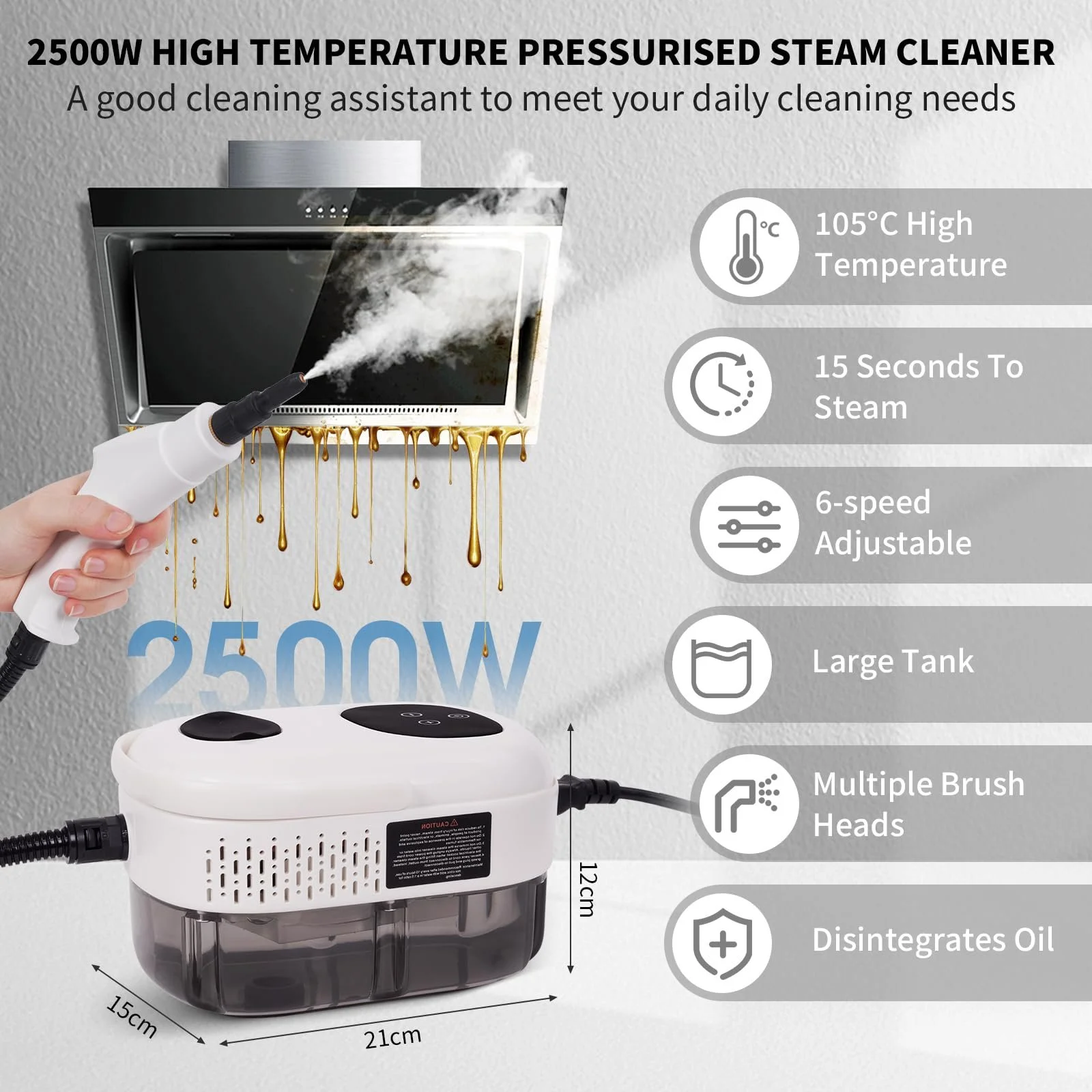 Пароочисник ручний 2500 W 1000 ml 6 швидкостей 5 типів щіток для кухні меблів підлоги ванної та авто вікон, фото №2 Пароочисник ручний 2500 W 1000 ml 6 швидкостей 5 типів щіток для кухні меблів підлоги ванної та авто вікон, фото №2