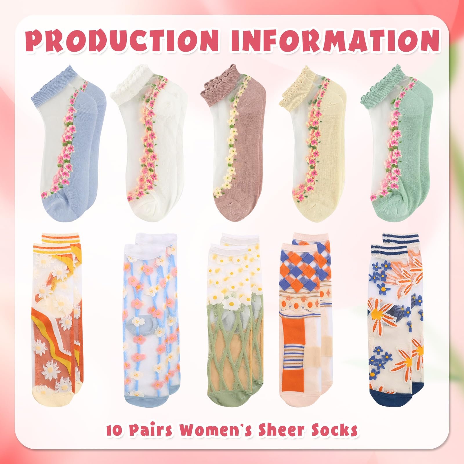 Носки Нейлоновые Женские Цветочный узор, 10 пар, разноцветные, фото №2