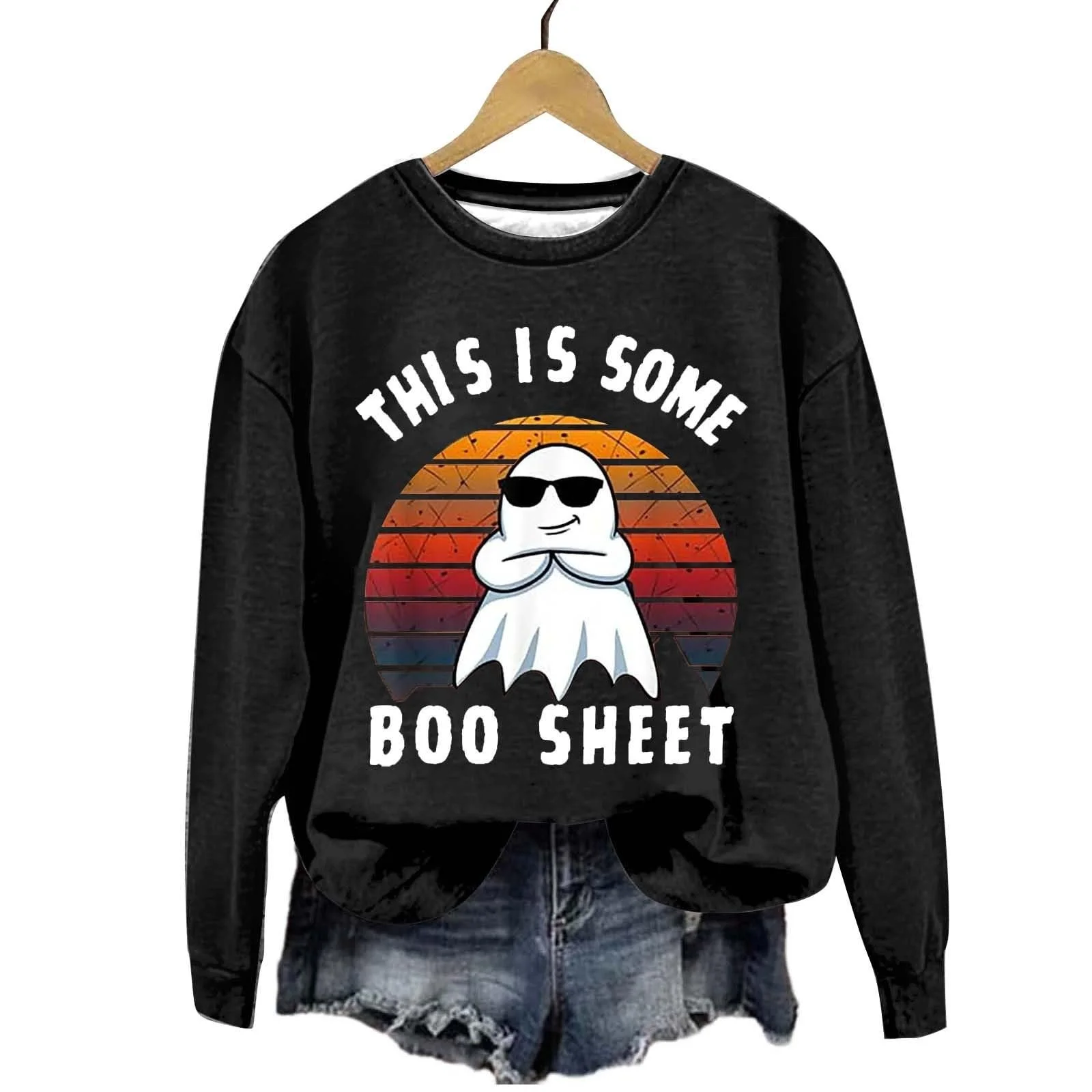 Хеллоуин Свитшот Женский Модный Повседневный Принт Хеллоуин Круглый вырез Длинный рукав Без капюшона, фото №2