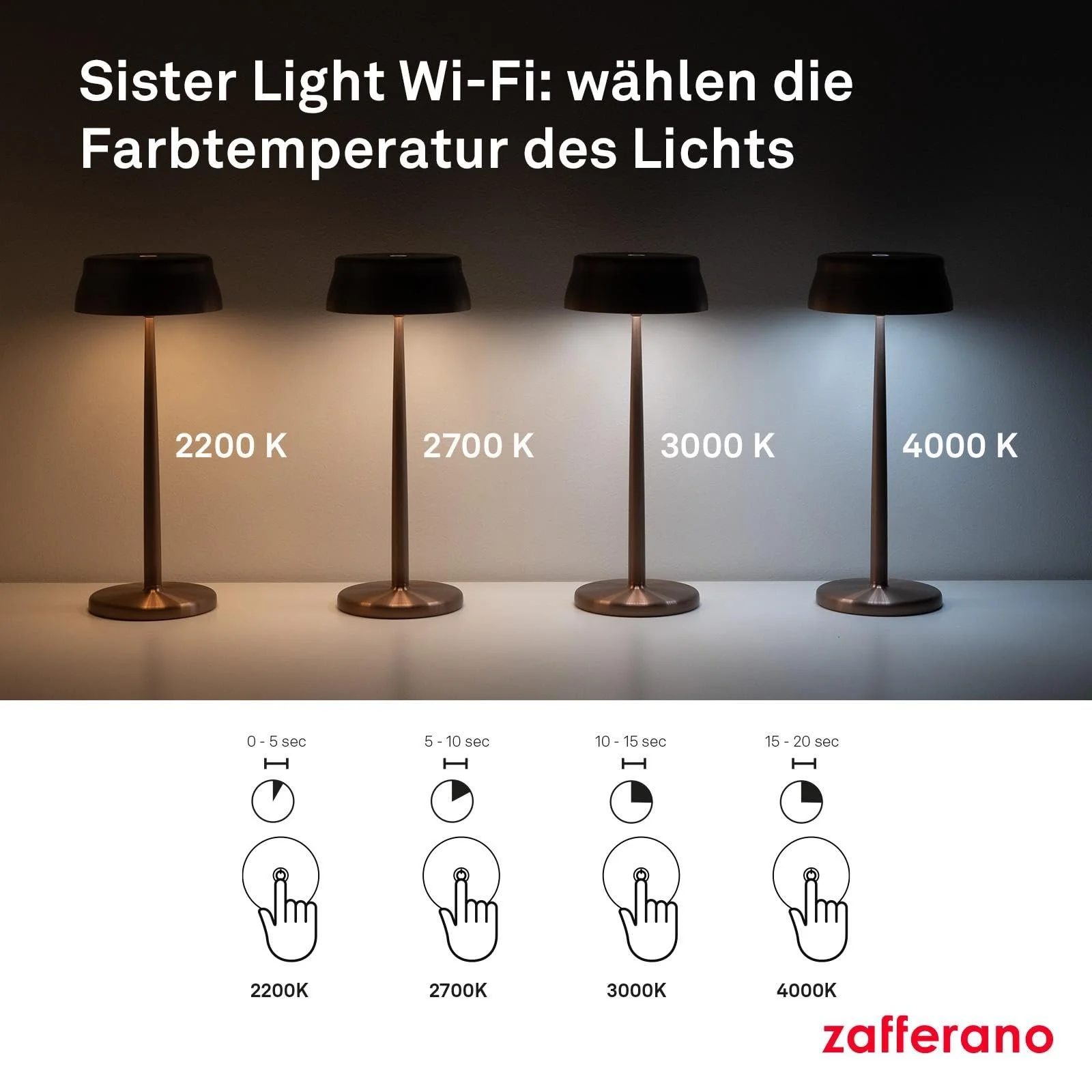 Настільна лампа Zafferano Sister Light Wi-Fi акумуляторна бездротова з дистанційним керуванням ступінчастий димер 2200-4000K висота 32.8 см колір мідь, фото №6