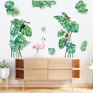Наклейки на стіну Тропічне листя Пальма Папуга Фламінго Зелені synthetic.ua - Фото 1