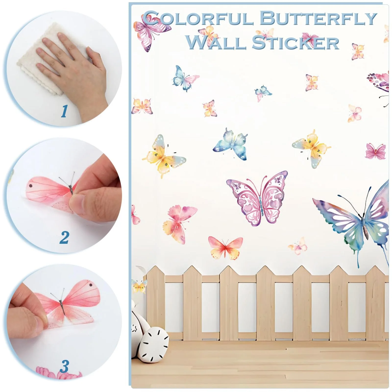 Наклейки на стіну Набір 8 шт Метелики Акварельні Різнокольорові, фото №4