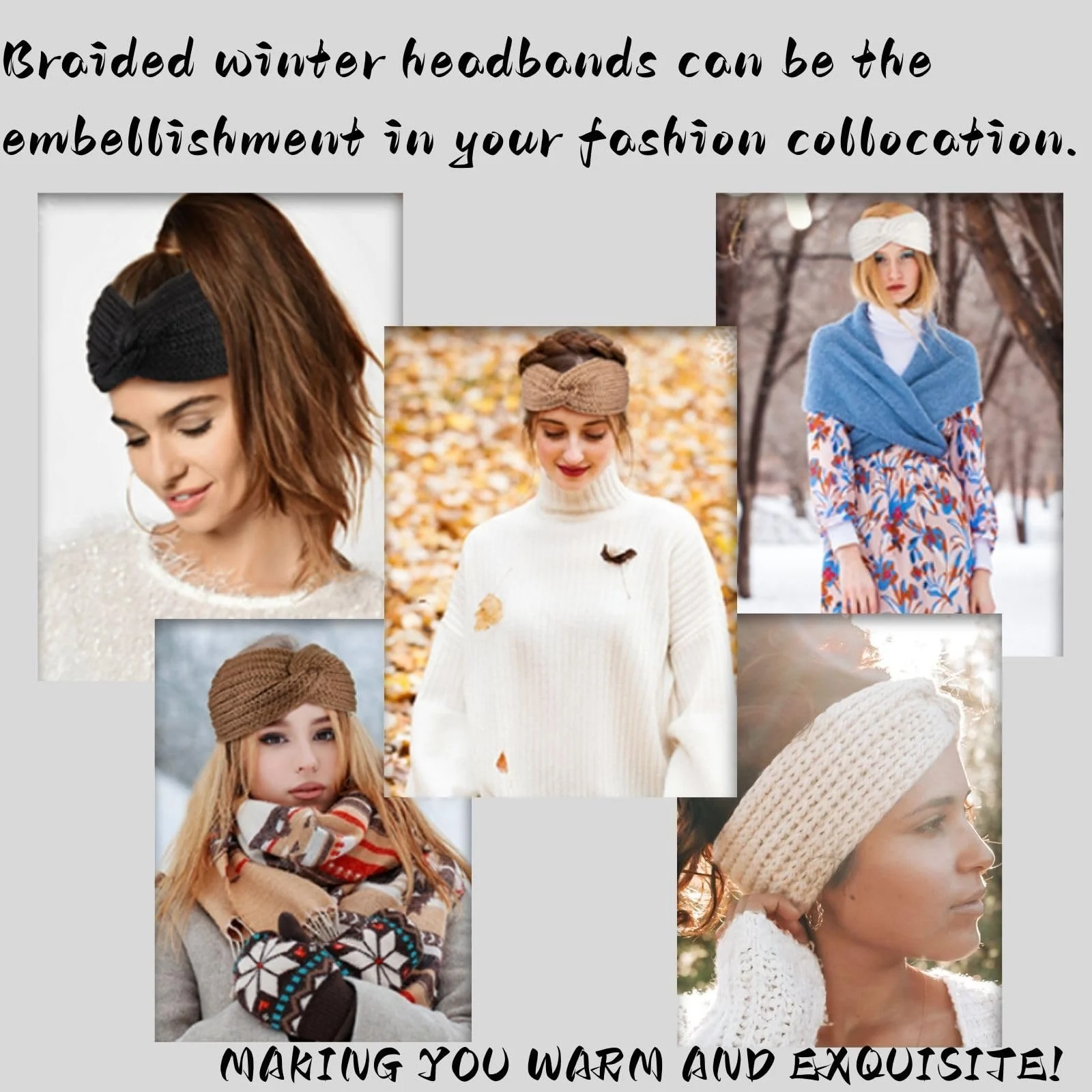 В'язана Зимова Пов'язка на Голову Beige + Grey + Pink, фото №9