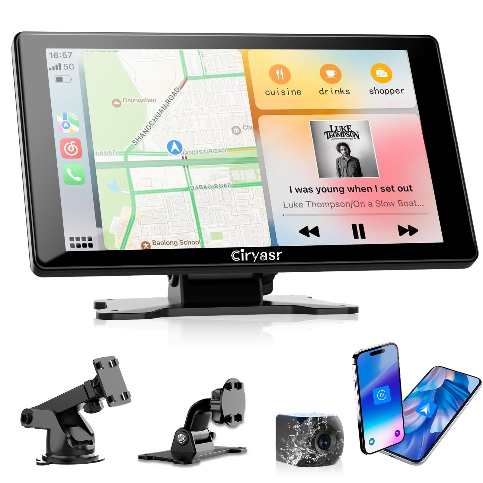 Дисплей Carplay CIRYASR 7 дюймов, беспроводной, автомобильная магнитола 2025, обновленная, портативный автомобильный мультимедийный плеер с Apple CarPlay и Android Car, камера заднего вида IP67, GPS-навигация, фото №1