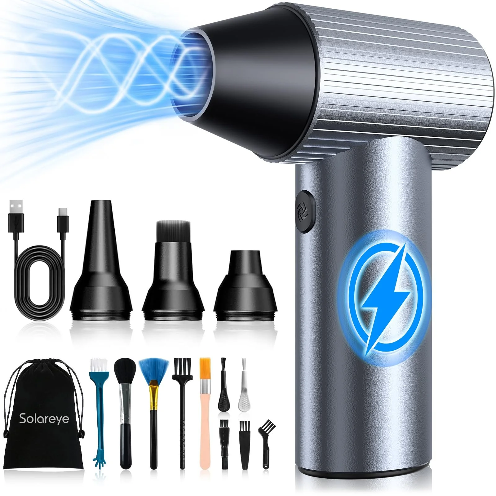 Аккумуляторная воздуходувка Solareye 3 скорости 300,000 rpm 7500 mAh USB Металл, фото №1 Аккумуляторная воздуходувка Solareye 3 скорости 300,000 rpm 7500 mAh USB Металл, фото №1