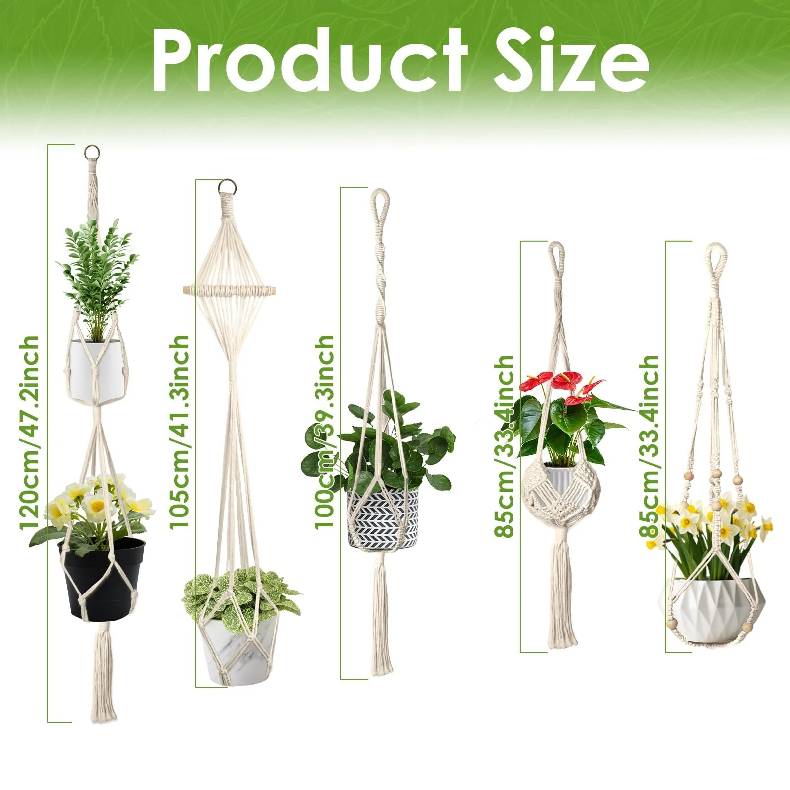 Набор подвесных кашпо макраме 5 шт. из хлопковой веревки с крючками, фото №2