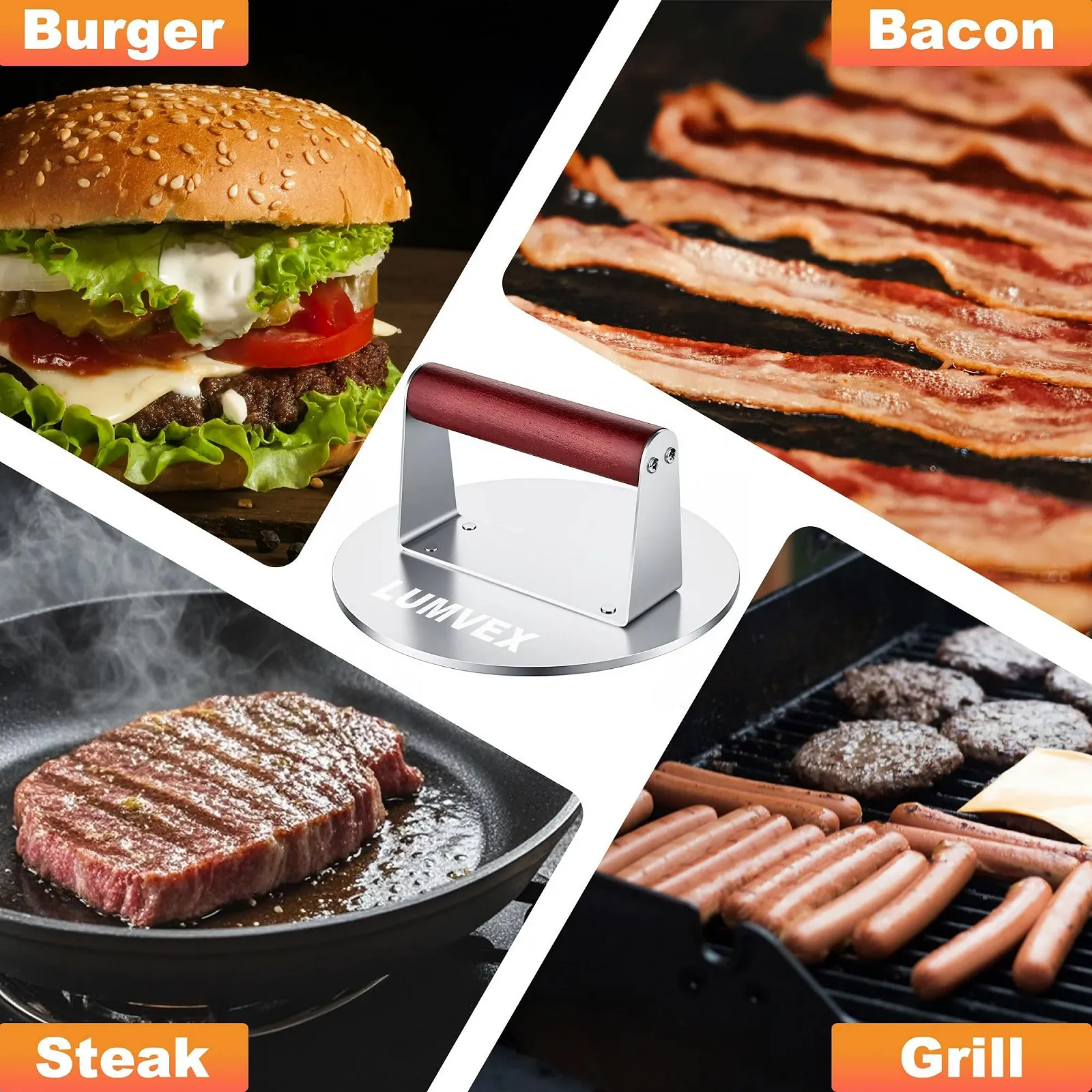 Пресс для бургеров Stainless Steel Smash Burger Press 6,3 дюйма нержавеющая сталь профессиональный аксессуары для барбекю легко чистится, фото №6 Пресс для бургеров Stainless Steel Smash Burger Press 6,3 дюйма нержавеющая сталь профессиональный аксессуары для барбекю легко чистится, фото №6